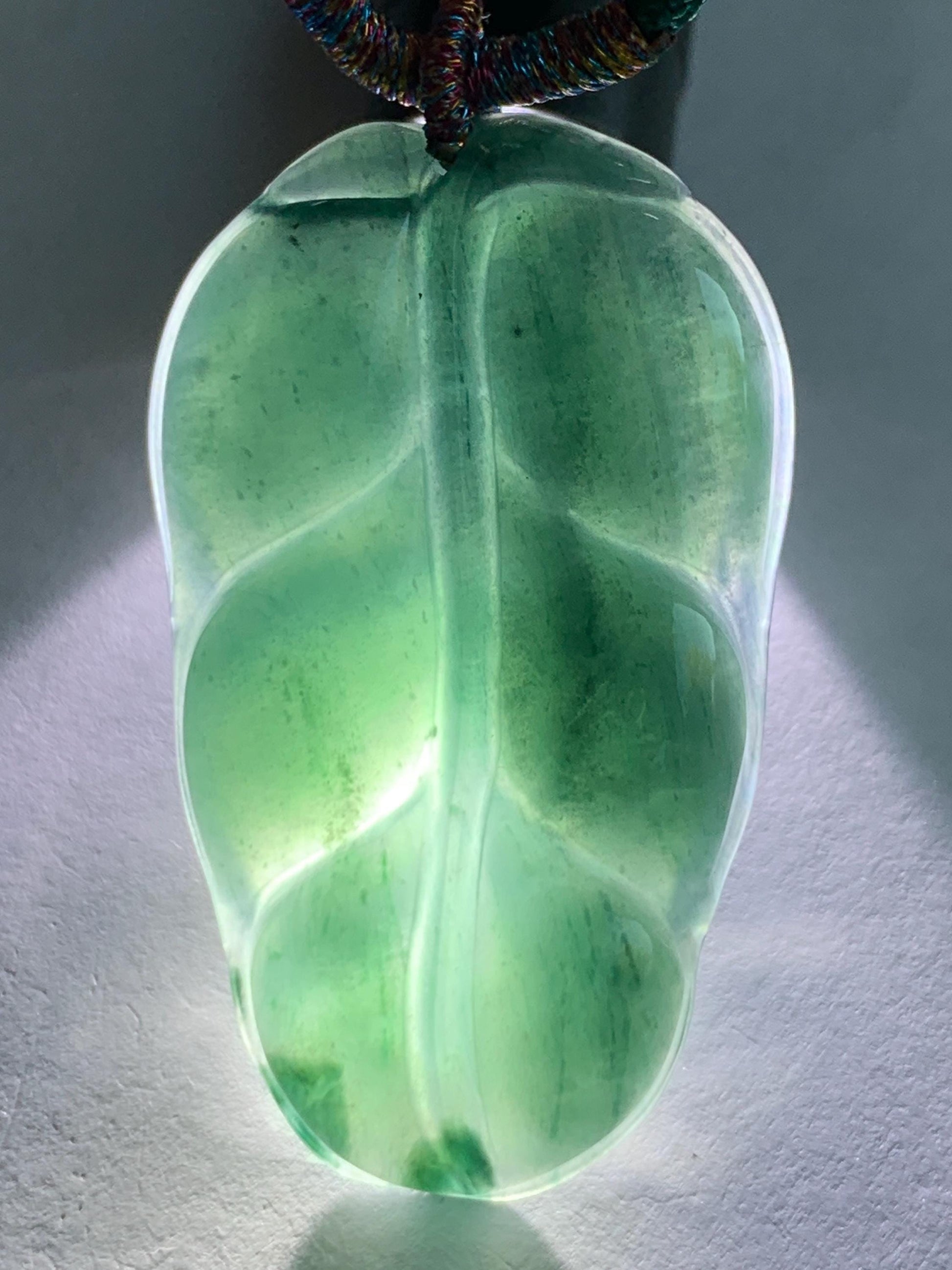 Natural Guatemalan Grade A Icy Translucent Dark Teal Green Jadeite Carved Leaf Pendant Rope Necklace 28” 12g Adjustable 天然冰危深湖水绿翡翠大叶有成吊坠 XY