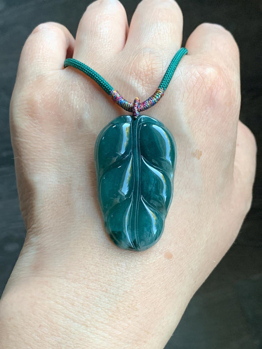 Natural Guatemalan Grade A Icy Translucent Dark Teal Green Jadeite Carved Leaf Pendant Rope Necklace 28” 12g Adjustable 天然冰危深湖水绿翡翠大叶有成吊坠 XY