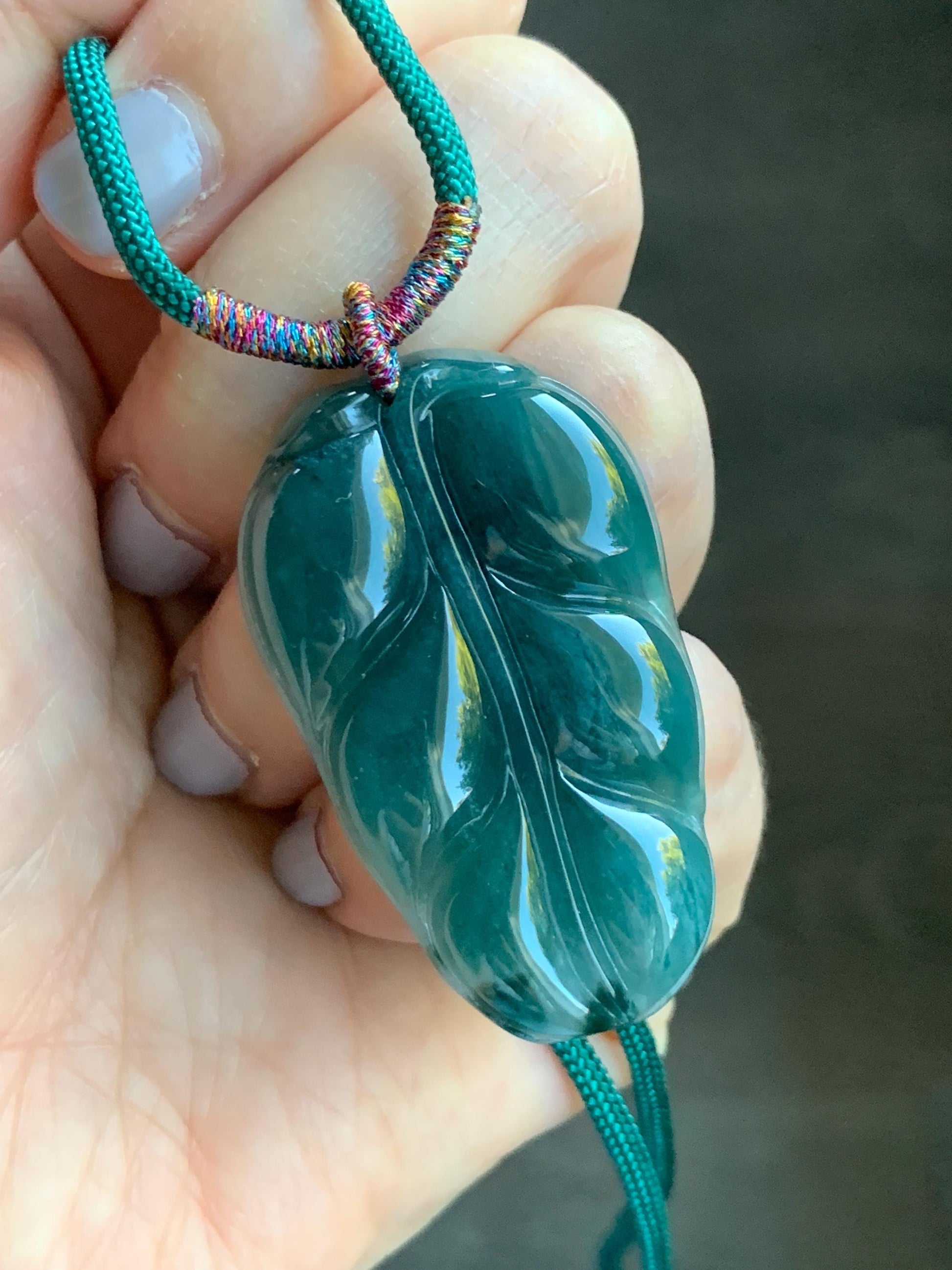 Natural Guatemalan Grade A Icy Translucent Dark Teal Green Jadeite Carved Leaf Pendant Rope Necklace 28” 12g Adjustable 天然冰危深湖水绿翡翠大叶有成吊坠 XY