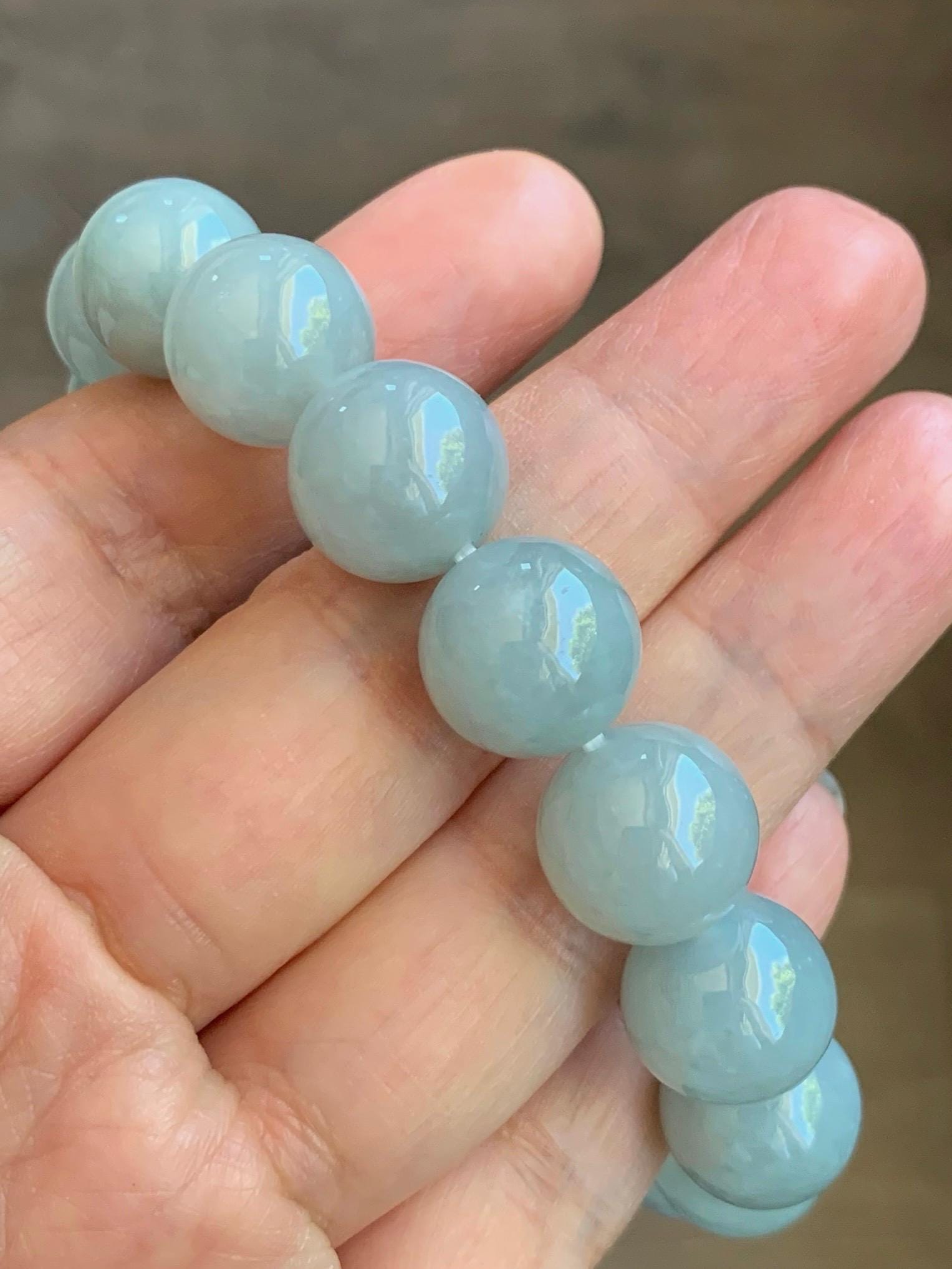 Natural Burmese Icy Translucent Large Light Dusty Blue Jadeite Mala Beaded Bracelet Stretchy 12.9mm 8” 64g 天然缅甸糯冰淡蓝翡翠手串 DMHL524