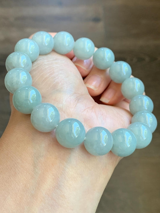 Natural Burmese Icy Translucent Large Light Dusty Blue Jadeite Mala Beaded Bracelet Stretchy 12.9mm 8” 64g 天然缅甸糯冰淡蓝翡翠手串 DMHL524