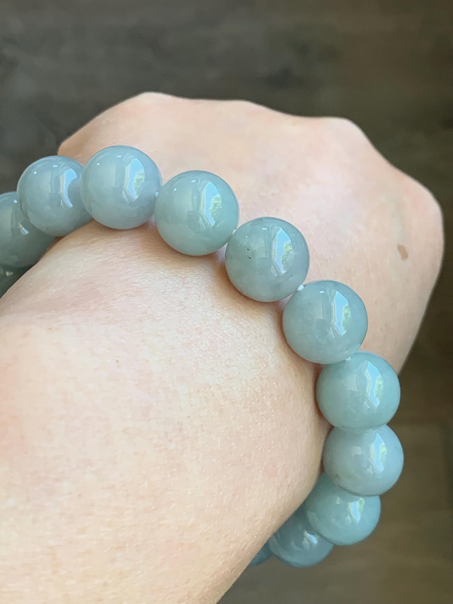 Natural Burmese Icy Translucent Large Light Dusty Blue Jadeite Mala Beaded Bracelet Stretchy 12.9mm 8” 64g 天然缅甸糯冰淡蓝翡翠手串 DMHL524