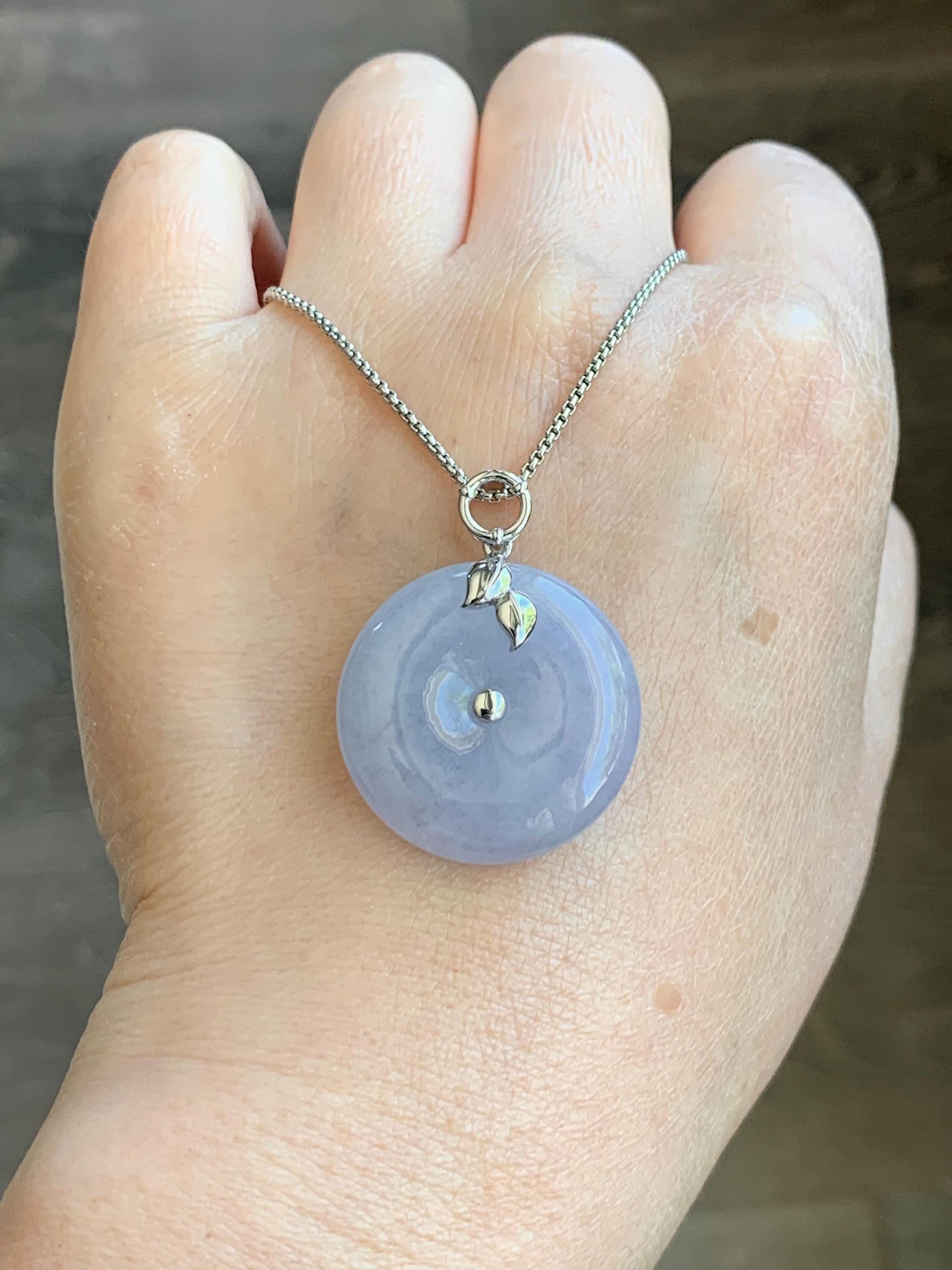 Certified Natural Burmese Icy Translucent Light Purple Jadeite Ping An Kou Donut Pendant 18K White Gold 10.69g 天然缅甸冰胶淡紫翡翠平安扣镶嵌吊坠 8620