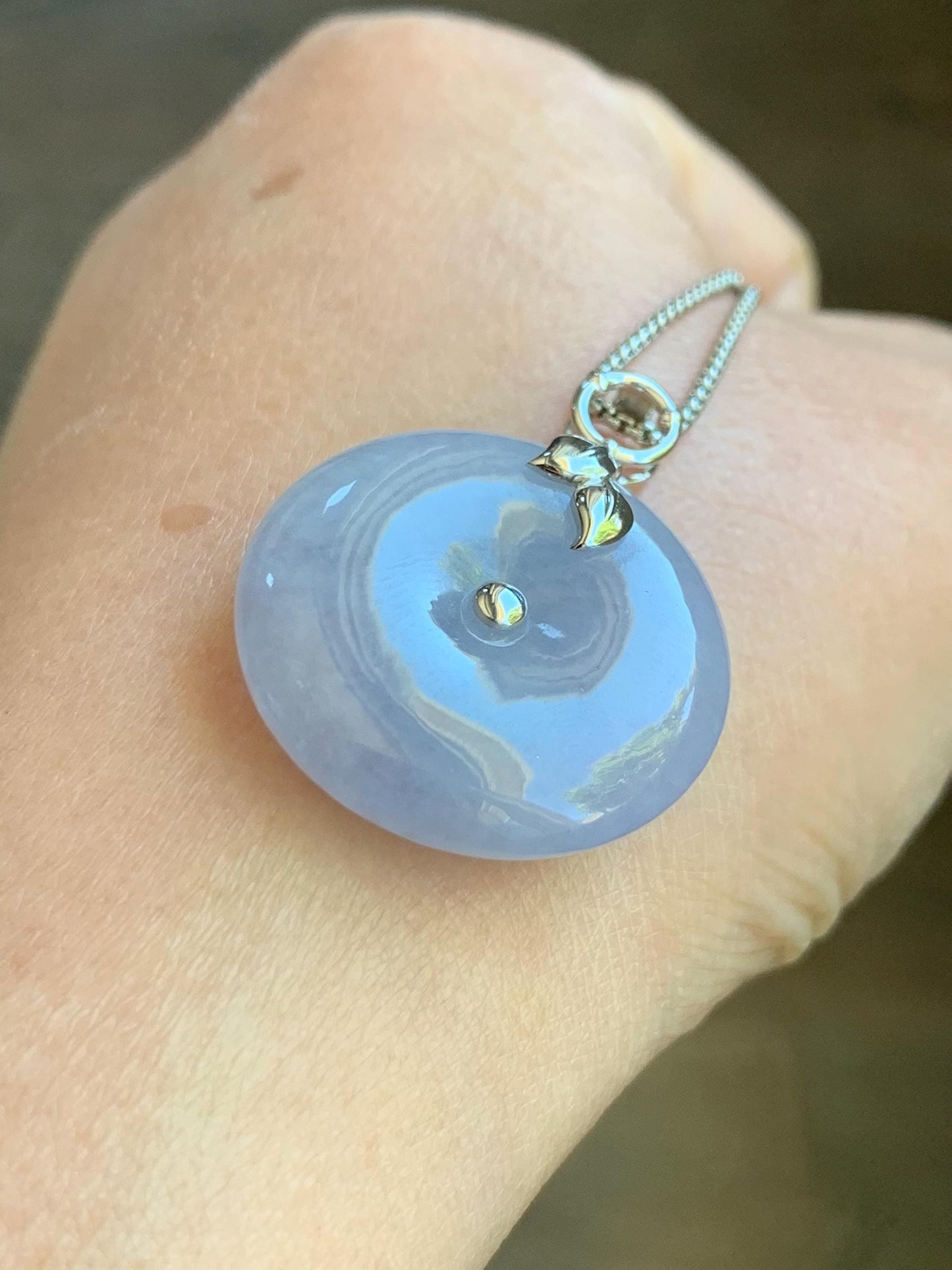 Certified Natural Burmese Icy Translucent Light Purple Jadeite Ping An Kou Donut Pendant 18K White Gold 10.69g 天然缅甸冰胶淡紫翡翠平安扣镶嵌吊坠 8620