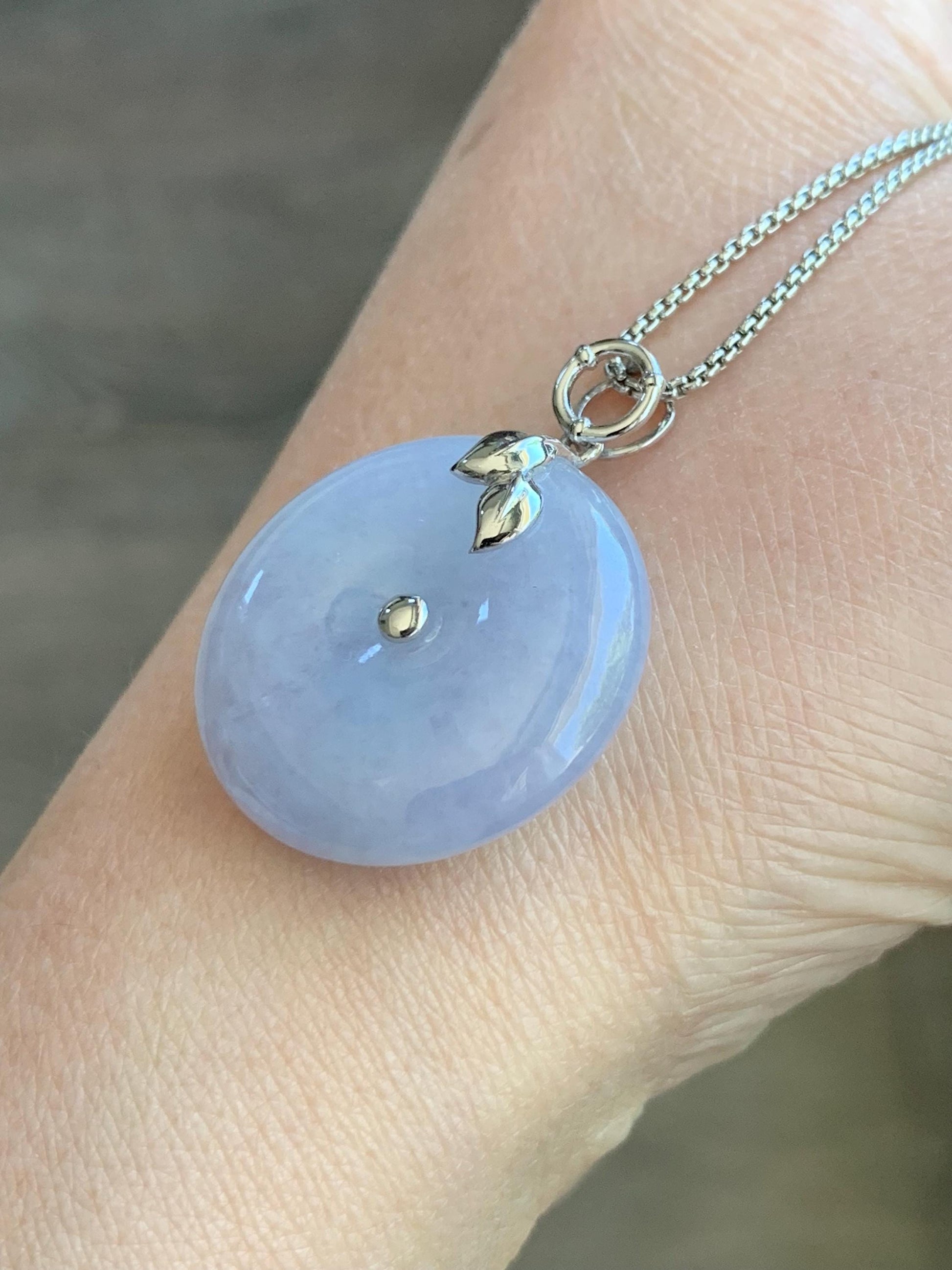 Certified Natural Burmese Icy Translucent Light Purple Jadeite Ping An Kou Donut Pendant 18K White Gold 10.69g 天然缅甸冰胶淡紫翡翠平安扣镶嵌吊坠 8620