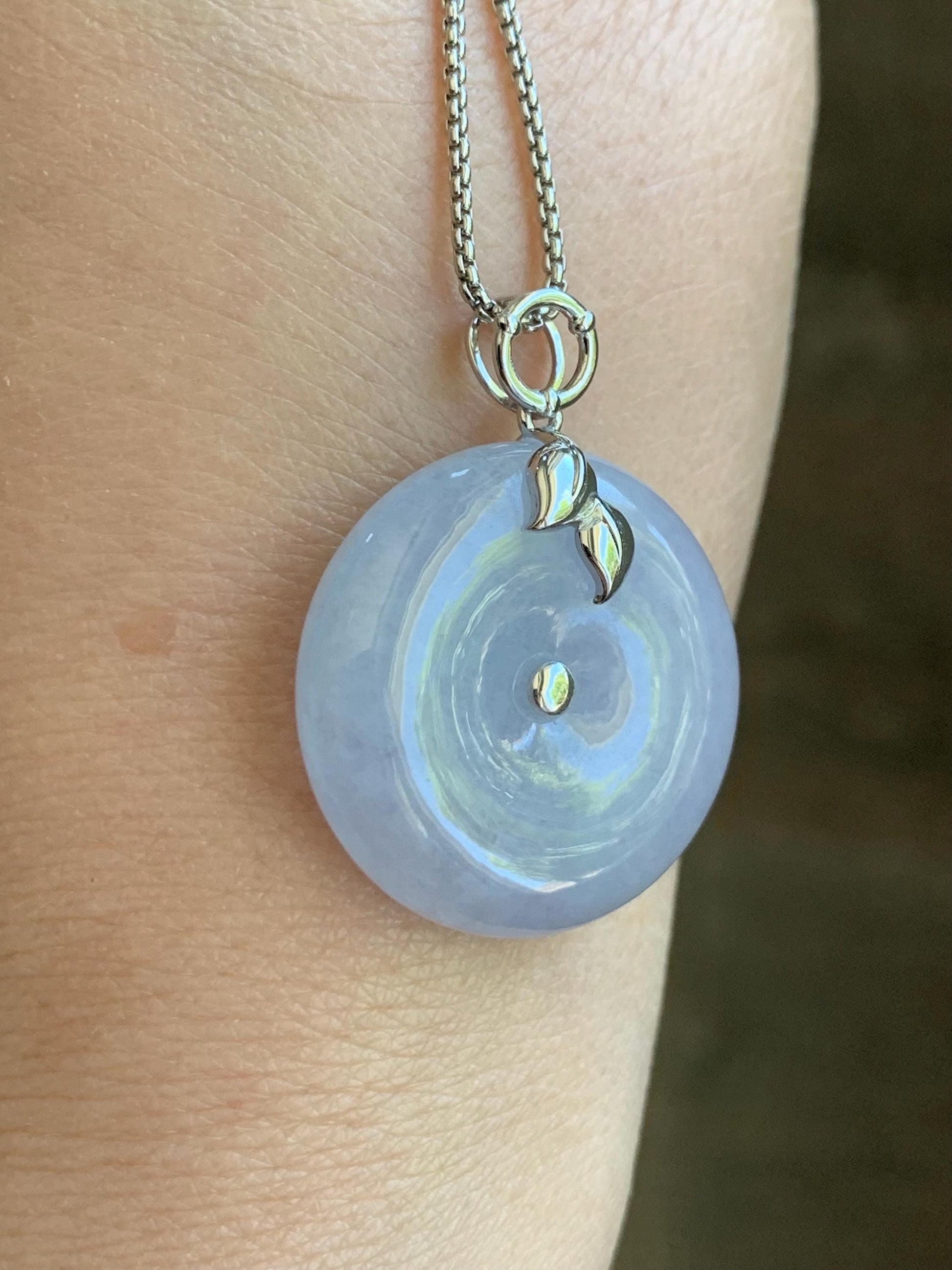 Certified Natural Burmese Icy Translucent Light Purple Jadeite Ping An Kou Donut Pendant 18K White Gold 10.69g 天然缅甸冰胶淡紫翡翠平安扣镶嵌吊坠 8620