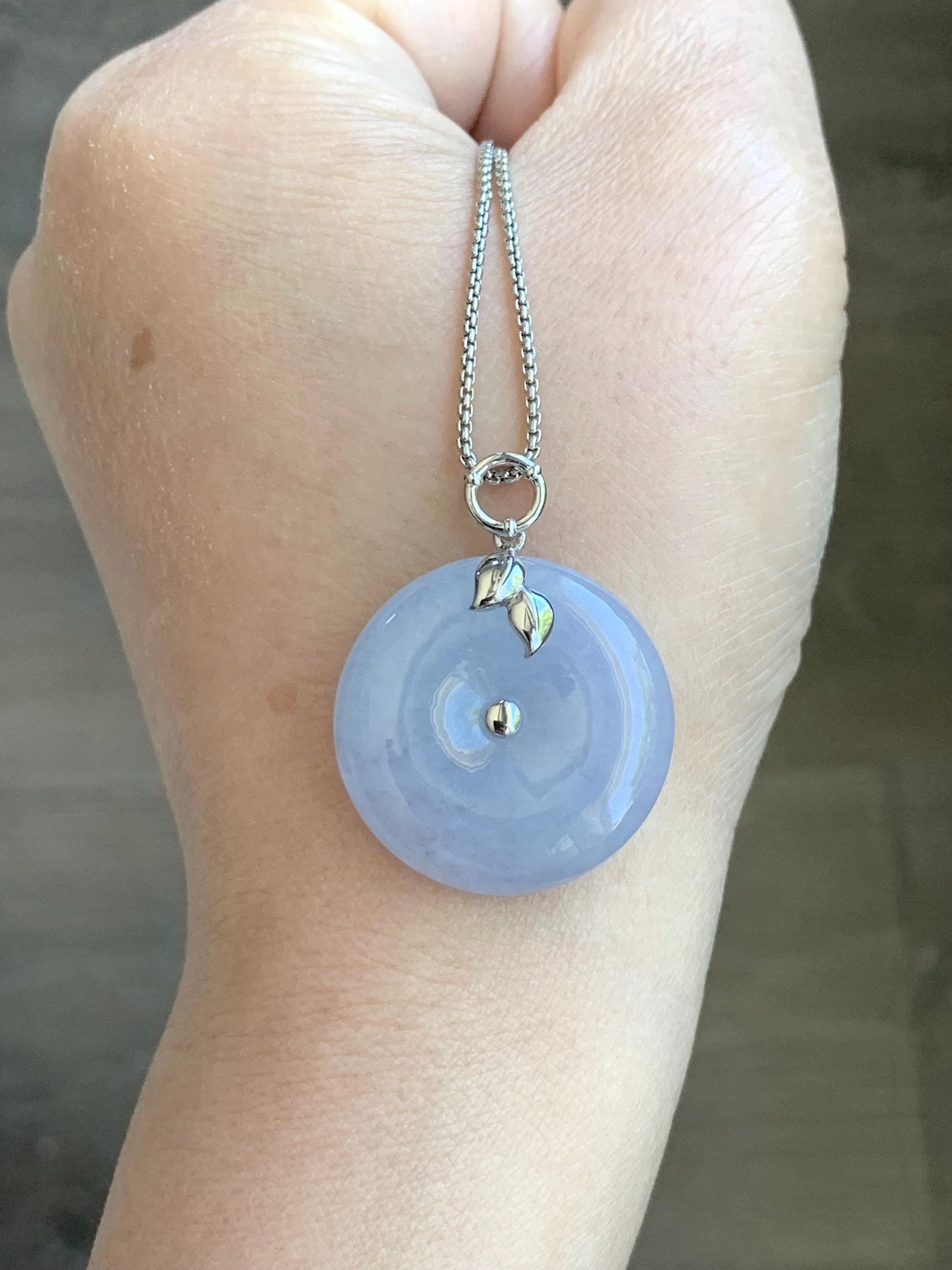 Certified Natural Burmese Icy Translucent Light Purple Jadeite Ping An Kou Donut Pendant 18K White Gold 10.69g 天然缅甸冰胶淡紫翡翠平安扣镶嵌吊坠 8620