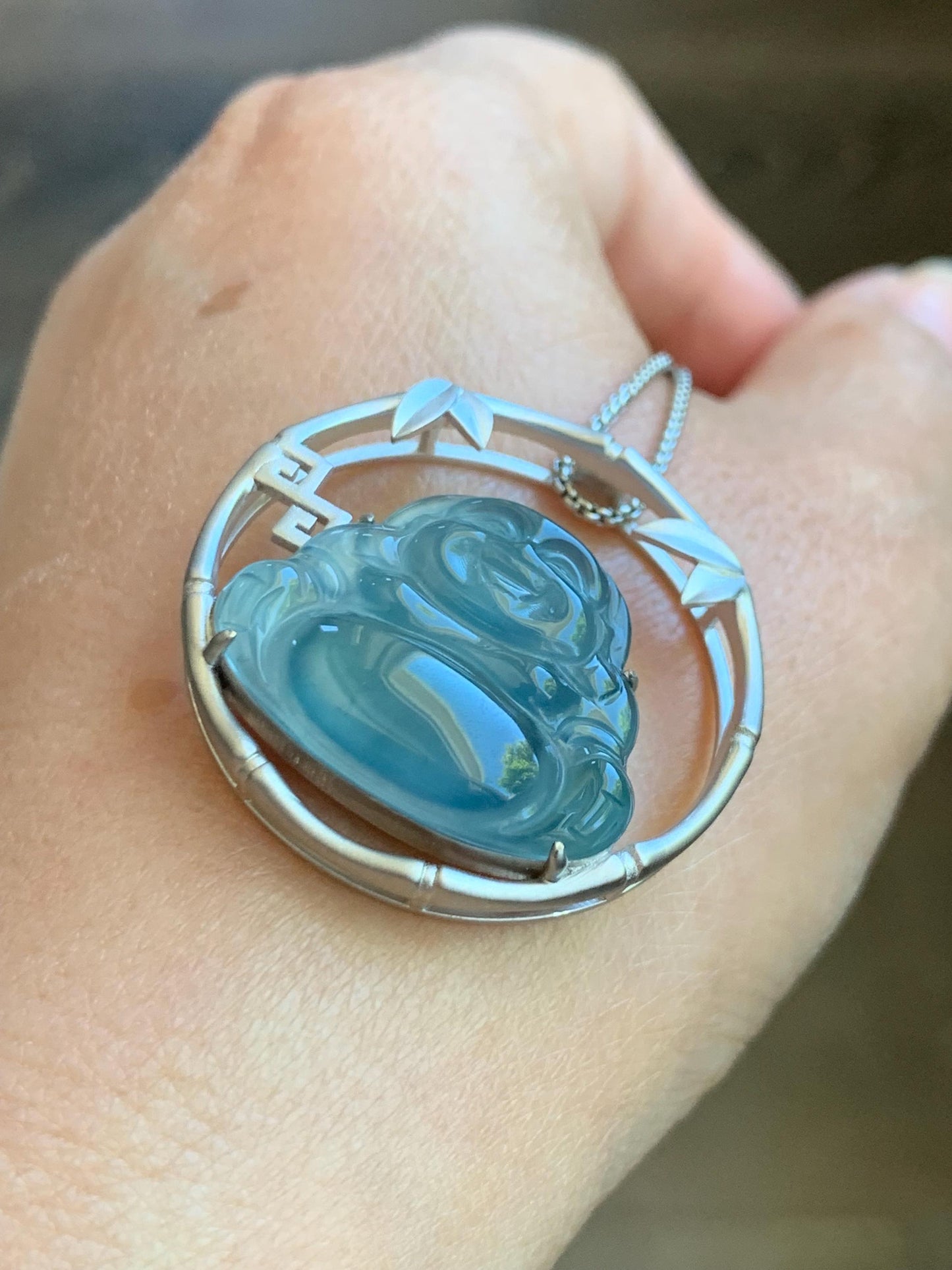 Certified Natural Guatemalan Premium Icy Highly Translucent Dusty Blue Jadeite Buddha Pendant Sterling Silver 9.44g 天然老种高冰危蓝翡翠起冰起光佛公镶嵌吊坠 617