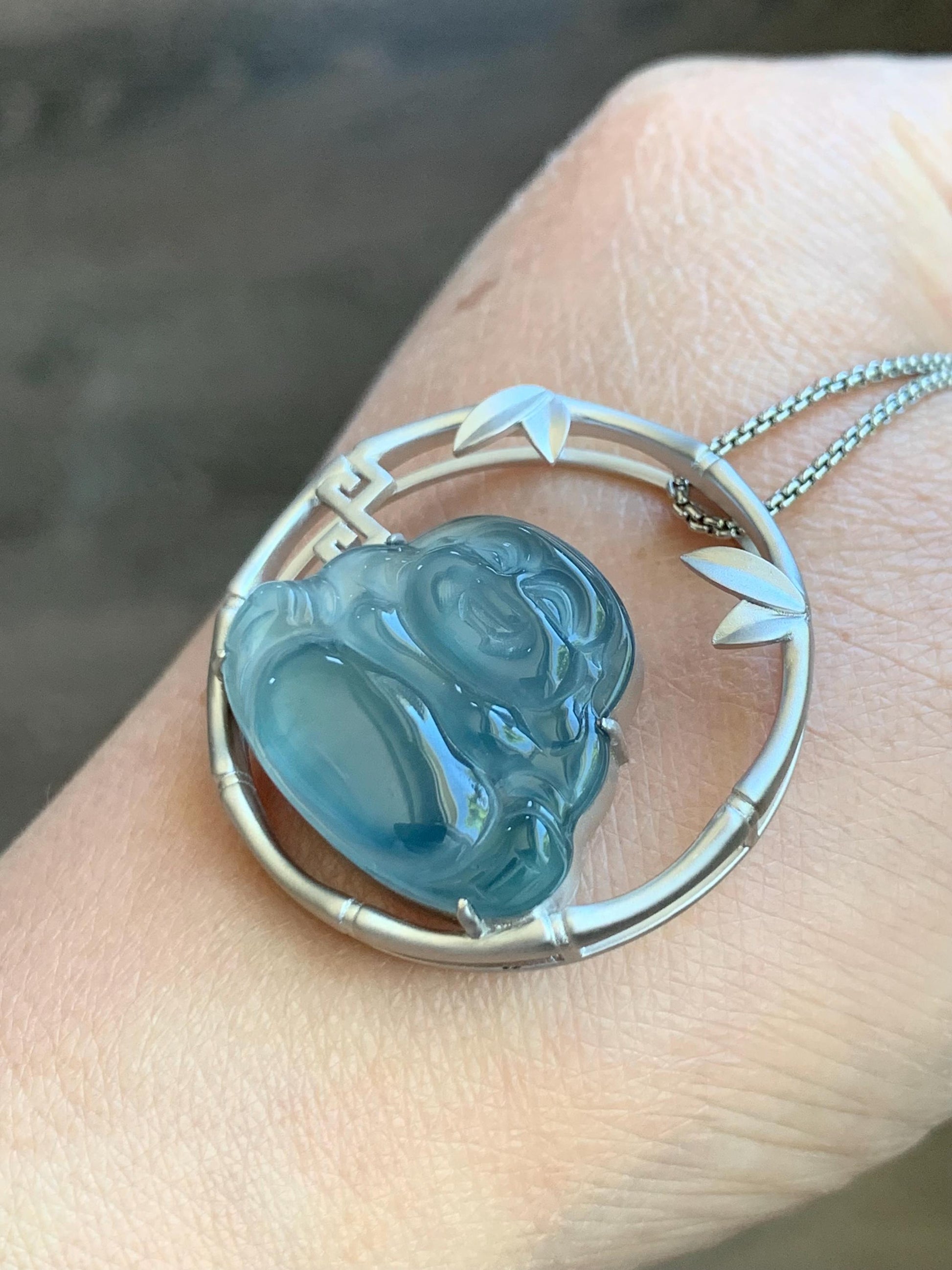 Certified Natural Guatemalan Premium Icy Highly Translucent Dusty Blue Jadeite Buddha Pendant Sterling Silver 9.44g 天然老种高冰危蓝翡翠起冰起光佛公镶嵌吊坠 617