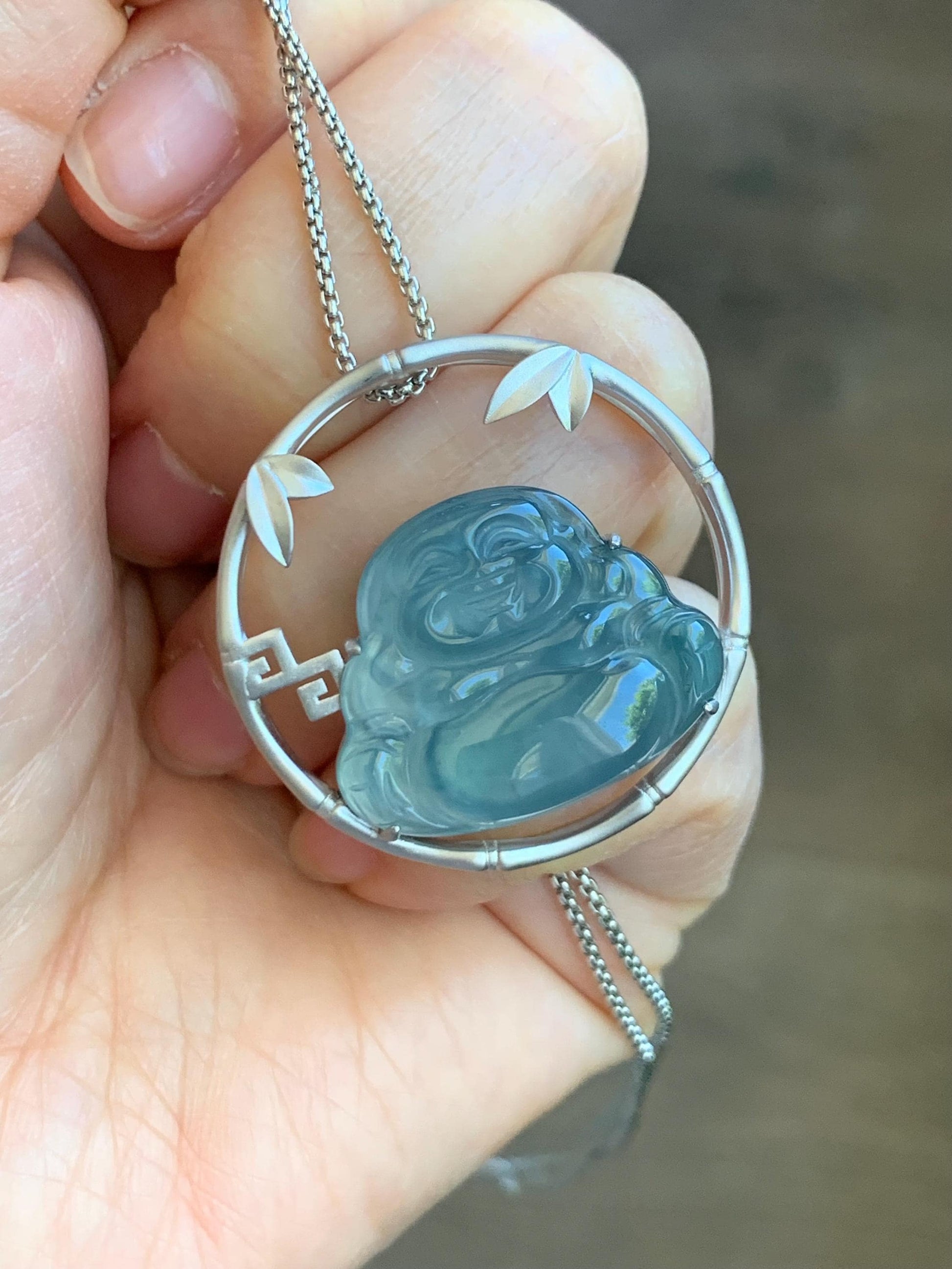 Certified Natural Guatemalan Premium Icy Highly Translucent Dusty Blue Jadeite Buddha Pendant Sterling Silver 9.44g 天然老种高冰危蓝翡翠起冰起光佛公镶嵌吊坠 617
