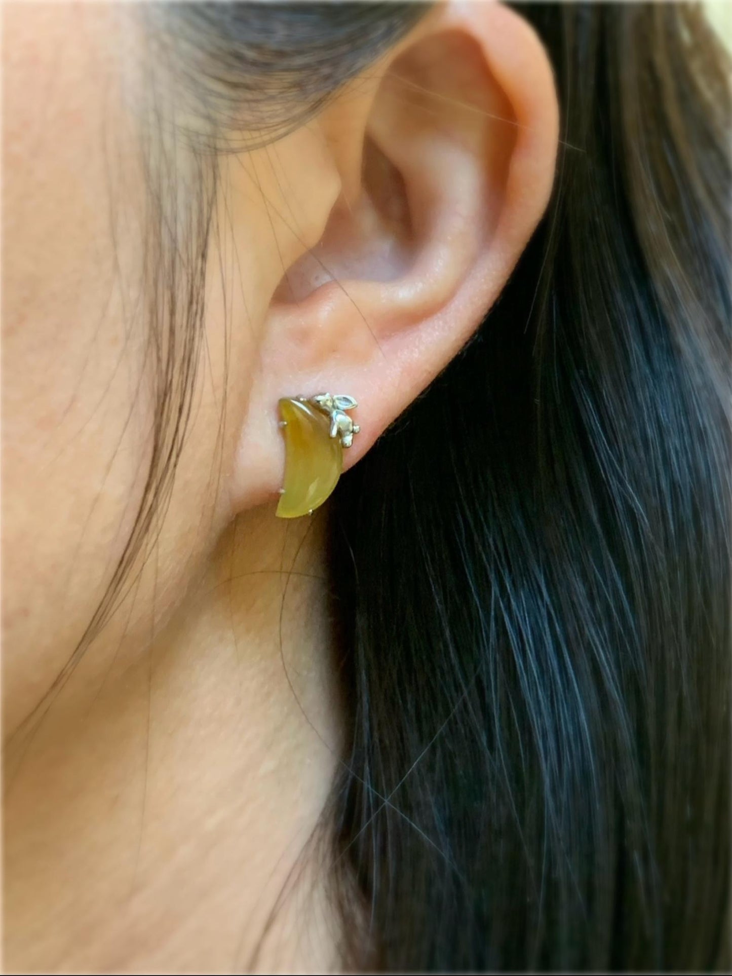 Certified Natural Burmese Icy Translucent Vibrant Yellow Jadeite Moon & Rabbit Stud Earrings Sterling Silver 2.70g 天然缅甸冰黄翡翠月亮小兔镶嵌耳钉 8600