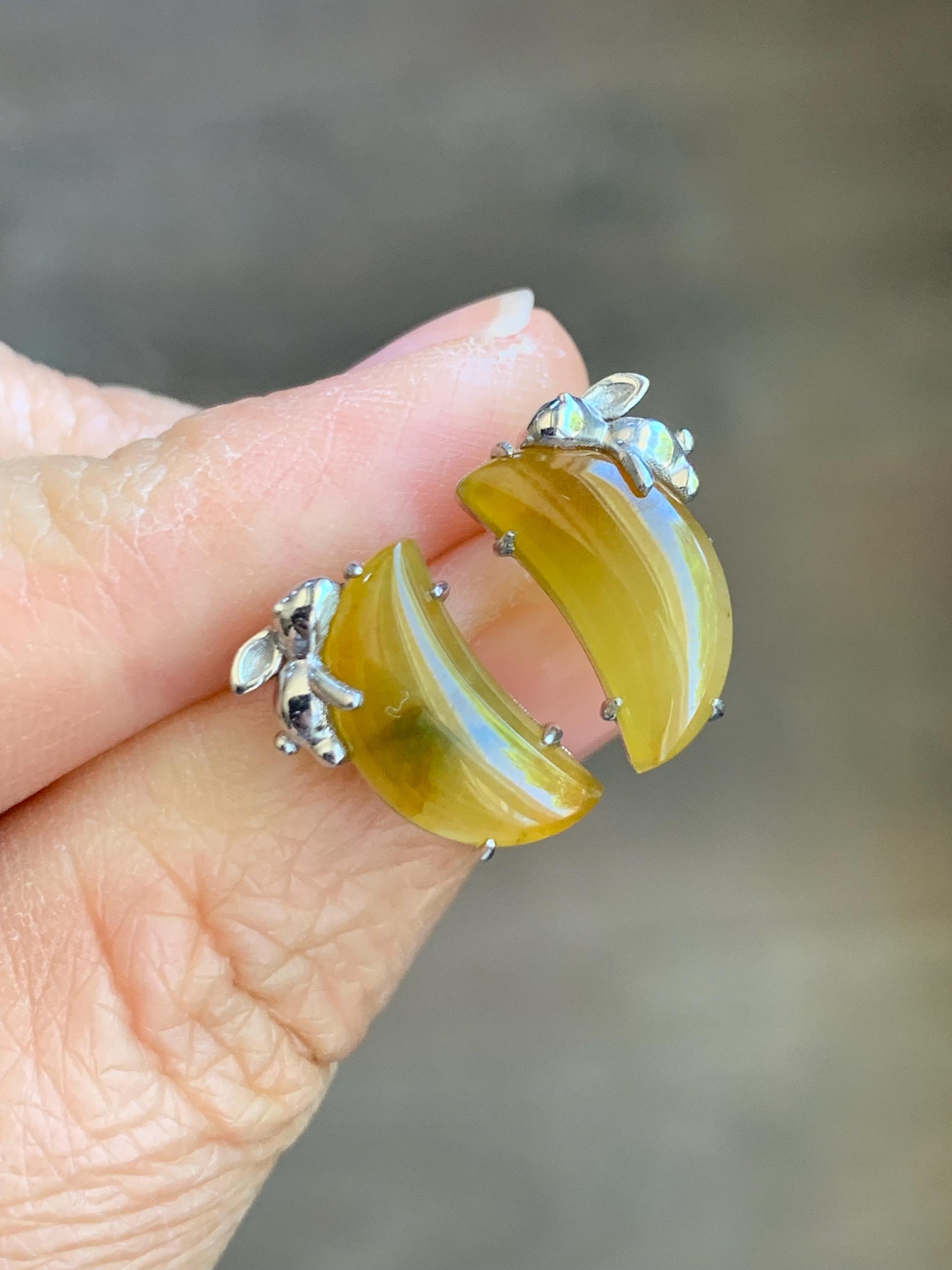 Certified Natural Burmese Icy Translucent Vibrant Yellow Jadeite Moon & Rabbit Stud Earrings Sterling Silver 2.70g 天然缅甸冰黄翡翠月亮小兔镶嵌耳钉 8600
