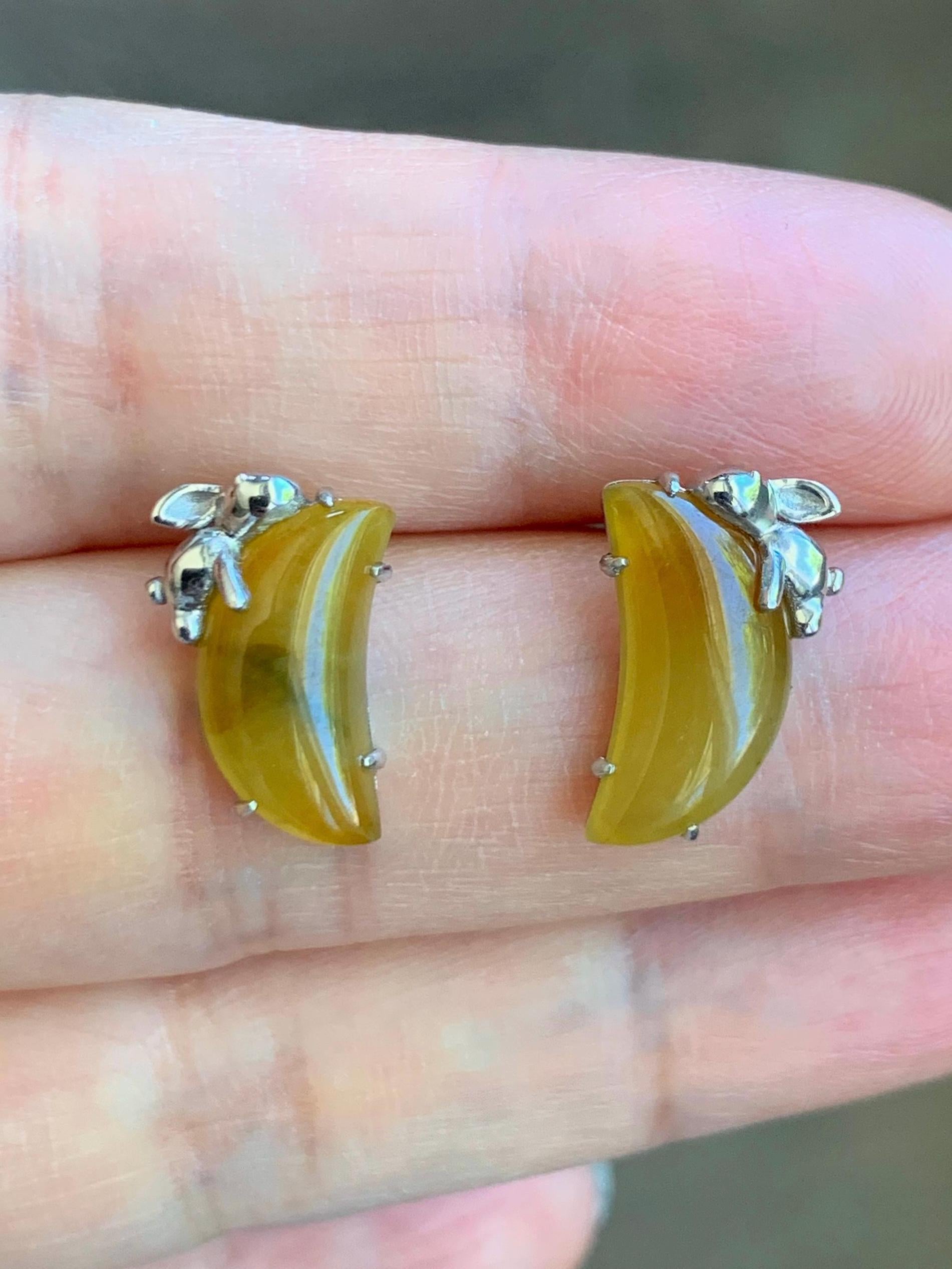 Certified Natural Burmese Icy Translucent Vibrant Yellow Jadeite Moon & Rabbit Stud Earrings Sterling Silver 2.70g 天然缅甸冰黄翡翠月亮小兔镶嵌耳钉 8600