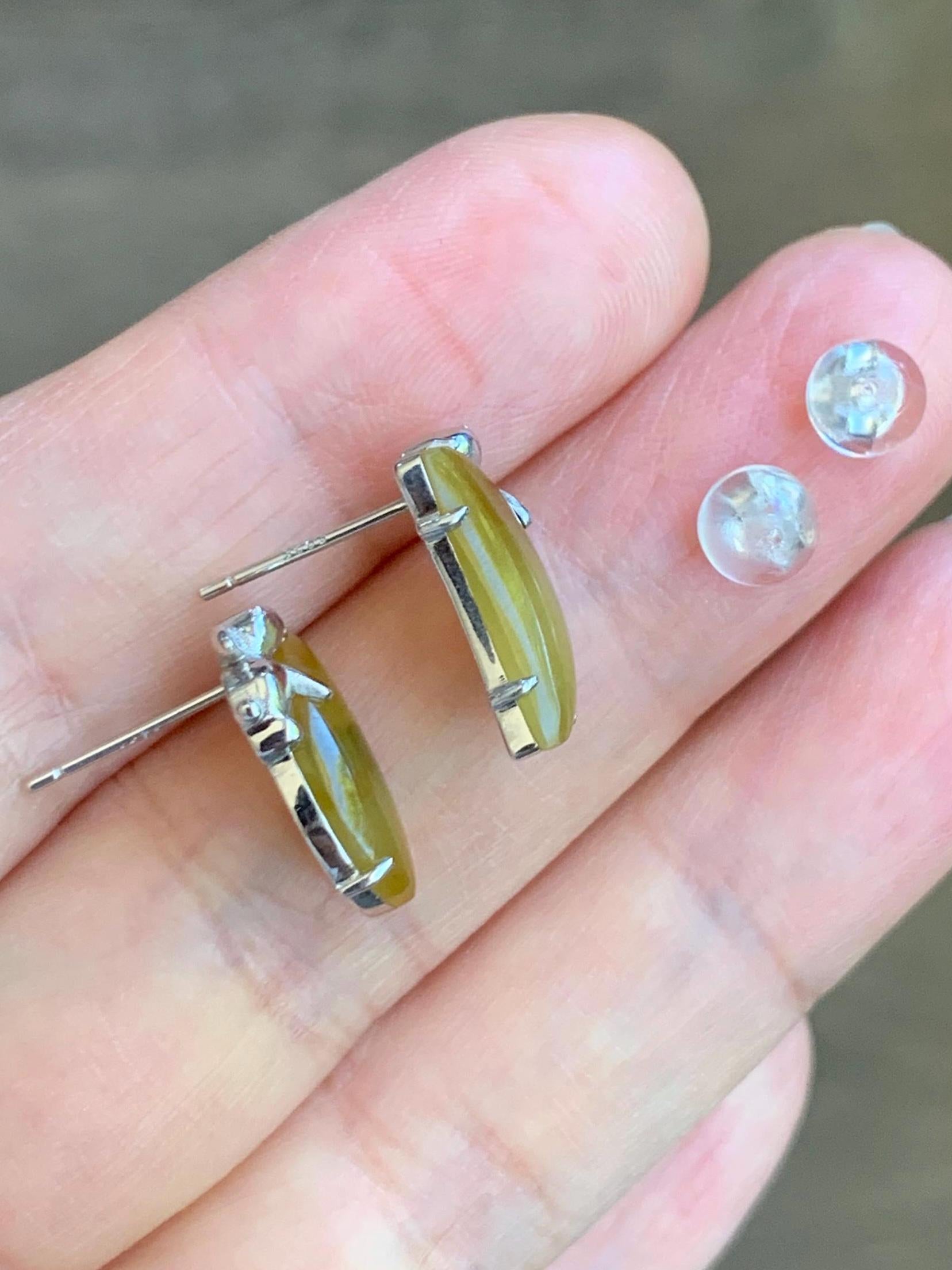 Certified Natural Burmese Icy Translucent Vibrant Yellow Jadeite Moon & Rabbit Stud Earrings Sterling Silver 2.70g 天然缅甸冰黄翡翠月亮小兔镶嵌耳钉 8600