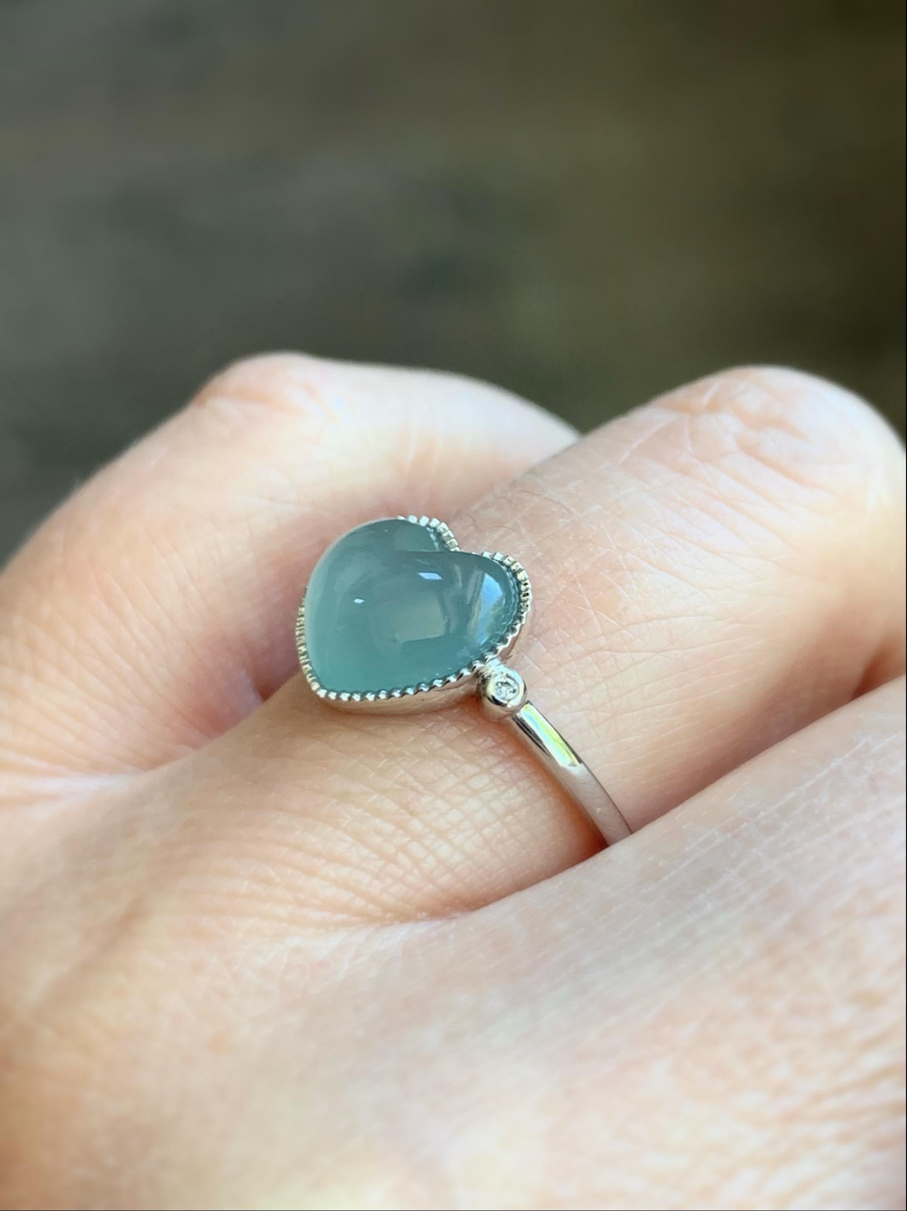 Certified Natural Burmese Icy Translucent Light Blue Jadeite Heart Ring 18K White Gold Natural Diamonds sz 7.25 2.74g 天然缅甸冰胶淡蓝翡翠爱心镶嵌戒指 8602