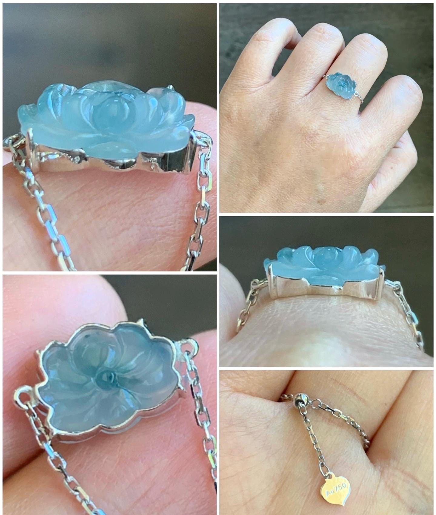 Certified Natural Burmese Icy Translucent Dark Blue Marbled Jadeite Lotus Flower Chain Ring 18K White Gold Adjustable 天然缅甸冰胶牛仔蓝飘花翡翠莲花镶嵌戒指