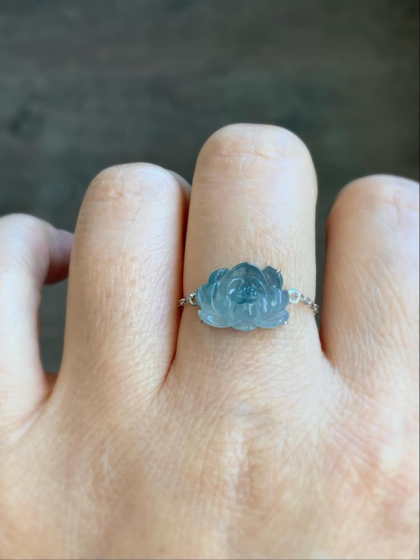 Certified Natural Burmese Icy Translucent Dark Blue Marbled Jadeite Lotus Flower Chain Ring 18K White Gold Adjustable 天然缅甸冰胶牛仔蓝飘花翡翠莲花镶嵌戒指