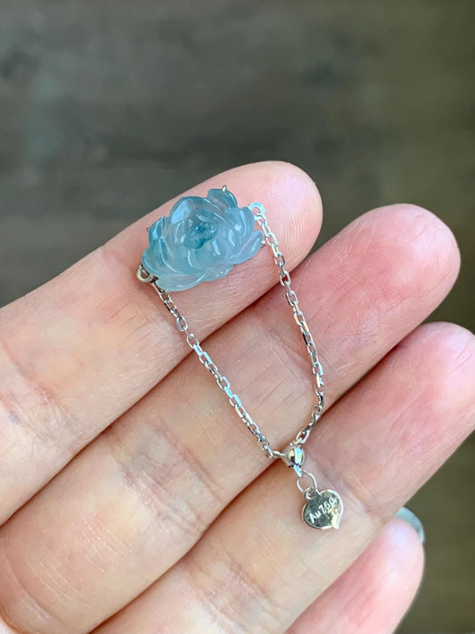 Certified Natural Burmese Icy Translucent Dark Blue Marbled Jadeite Lotus Flower Chain Ring 18K White Gold Adjustable 天然缅甸冰胶牛仔蓝飘花翡翠莲花镶嵌戒指