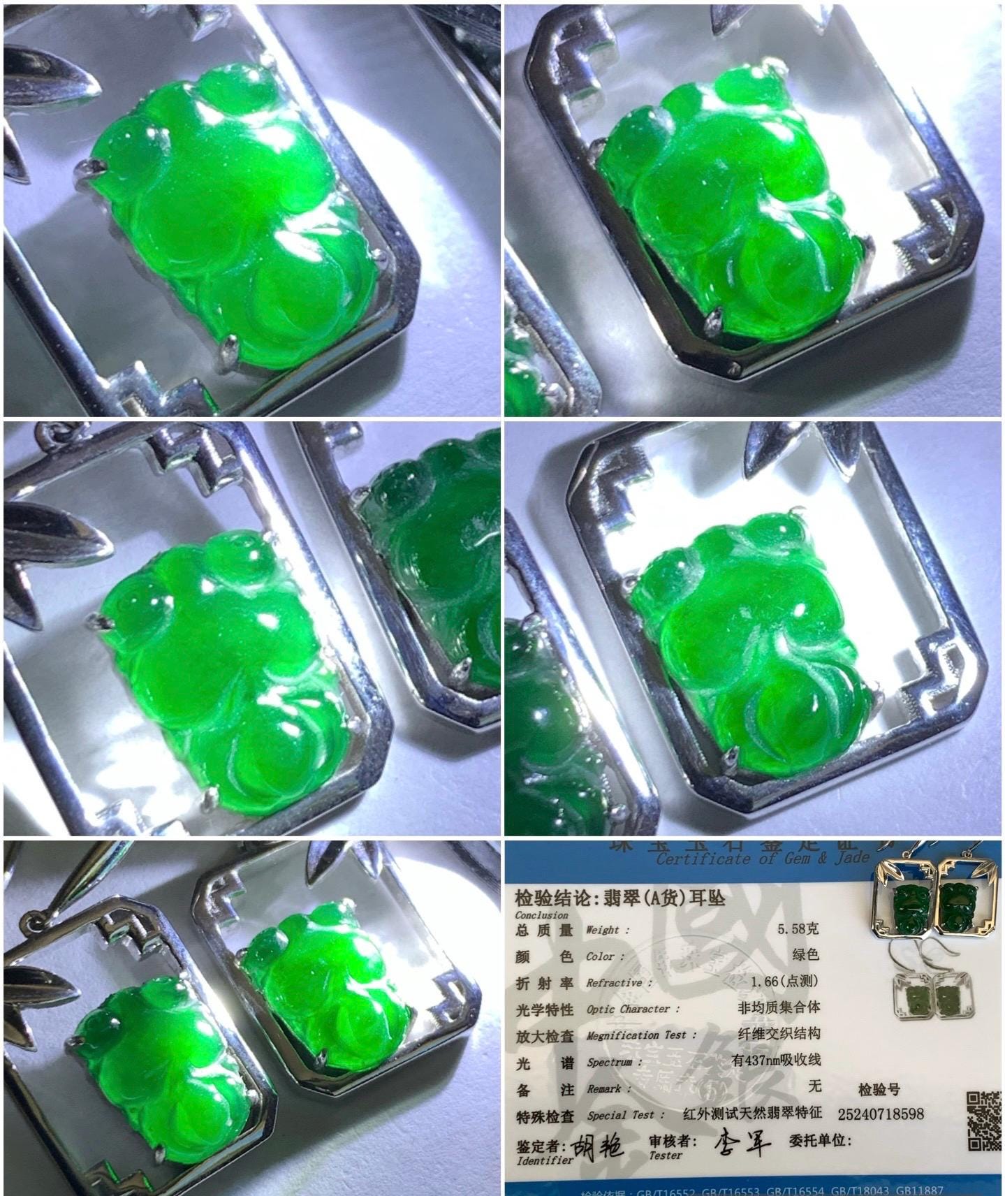 Certified Natural Guatemalan Icy Translucent Vibrant Green Jadeite Goldfish Dangle Earrings Bamboo Design Sterling Silver 天然冰危绿翡翠金鱼银镶耳钩耳吊