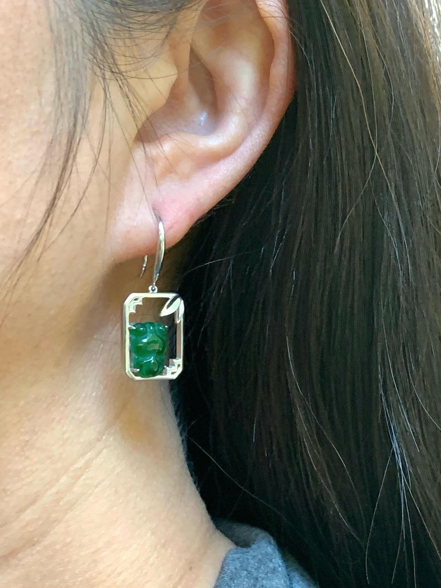 Certified Natural Guatemalan Icy Translucent Vibrant Green Jadeite Goldfish Dangle Earrings Bamboo Design Sterling Silver 天然冰危绿翡翠金鱼银镶耳钩耳吊