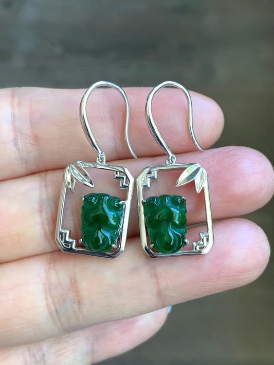 Certified Natural Guatemalan Icy Translucent Vibrant Green Jadeite Goldfish Dangle Earrings Bamboo Design Sterling Silver 天然冰危绿翡翠金鱼银镶耳钩耳吊