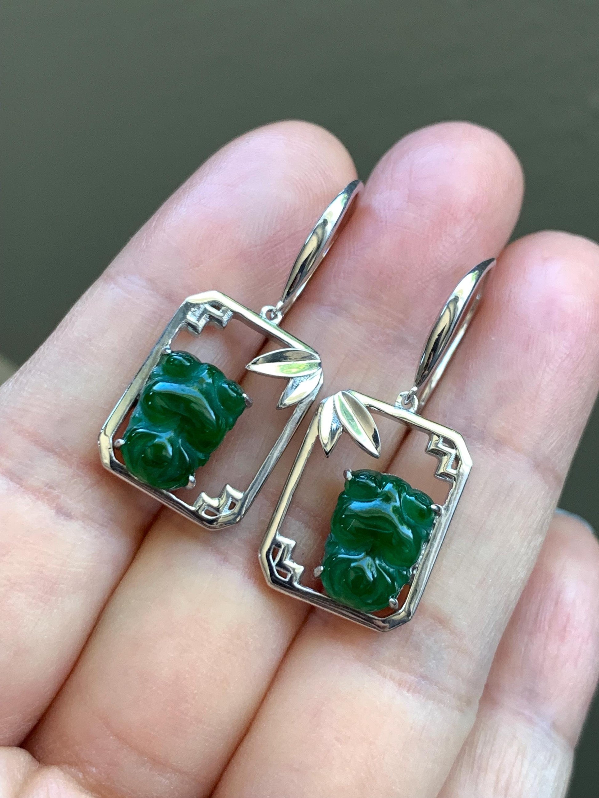 Certified Natural Guatemalan Icy Translucent Vibrant Green Jadeite Goldfish Dangle Earrings Bamboo Design Sterling Silver 天然冰危绿翡翠金鱼银镶耳钩耳吊