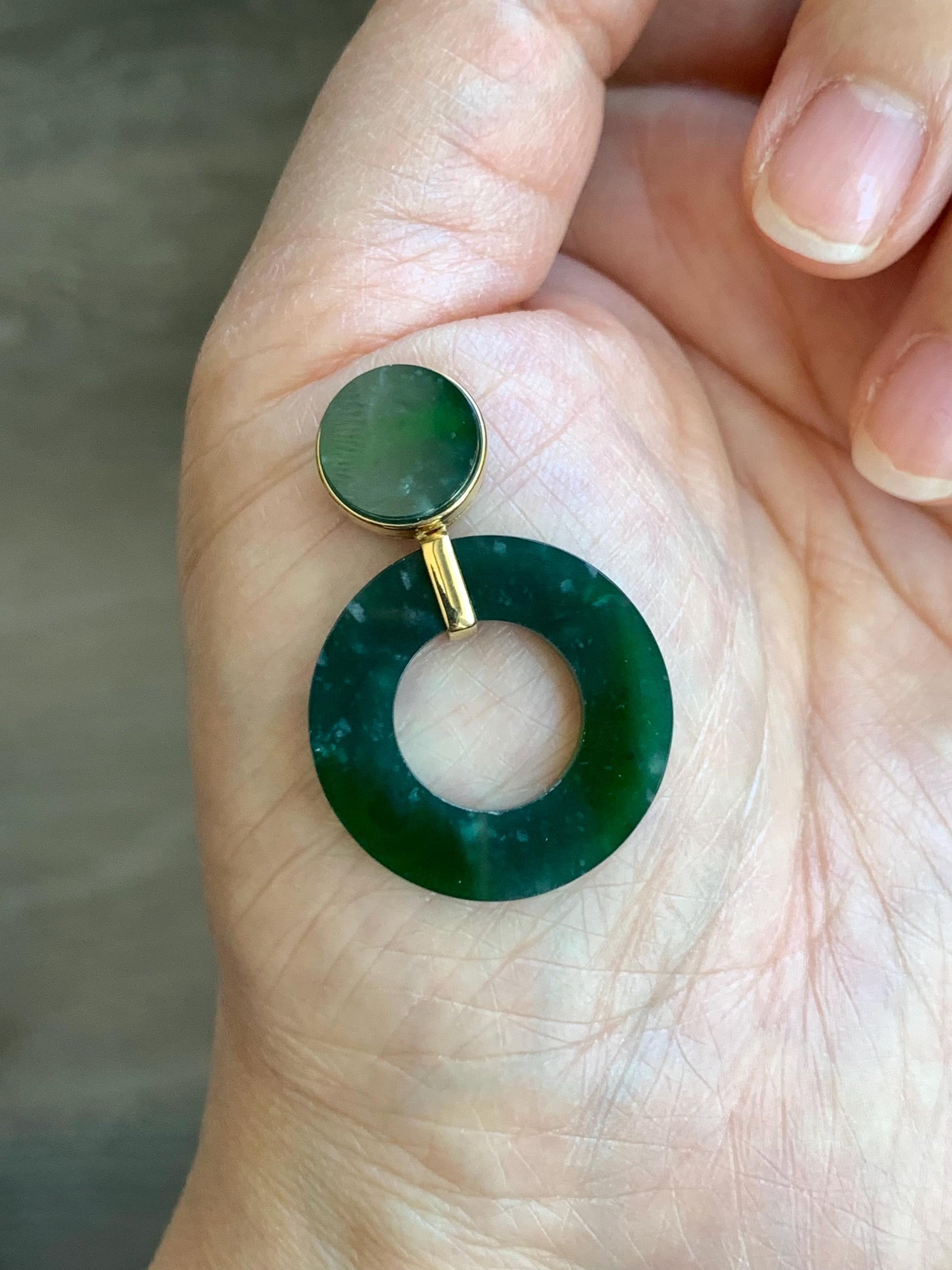 Certified Natural Guatemalan Icy Translucent Dark Teal Green Vibrant Green Jadeite Ping An Kou Donut Pendant 18K Yellow Gold 天然冰危深绿飘花翡翠平安扣吊坠