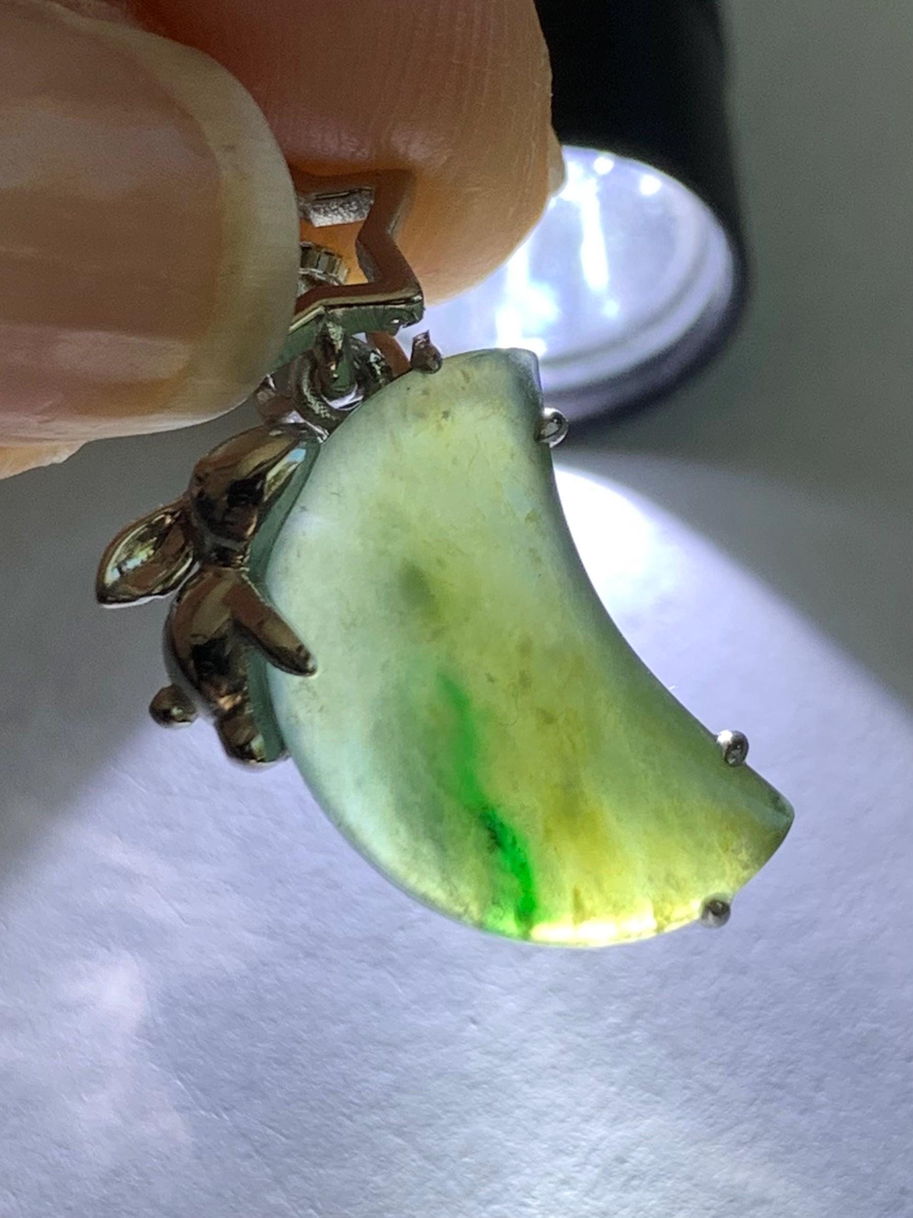 Certified Natural Burmese Icy Translucent Tricolored Jadeite Moon & Rabbit Pendant Sterling Silver Cutom Design 天然缅甸冰橄榄绿飘花翡翠月亮小兔镶嵌吊坠 8630