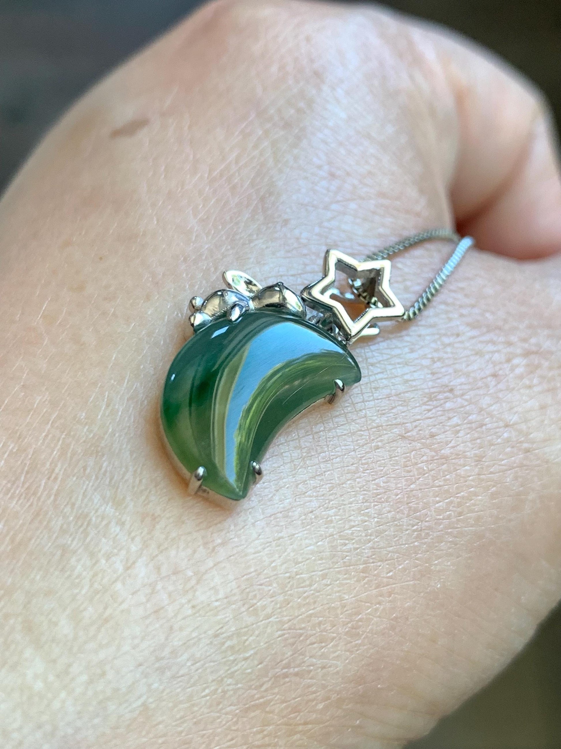 Certified Natural Burmese Icy Translucent Tricolored Jadeite Moon & Rabbit Pendant Sterling Silver Cutom Design 天然缅甸冰橄榄绿飘花翡翠月亮小兔镶嵌吊坠 8630