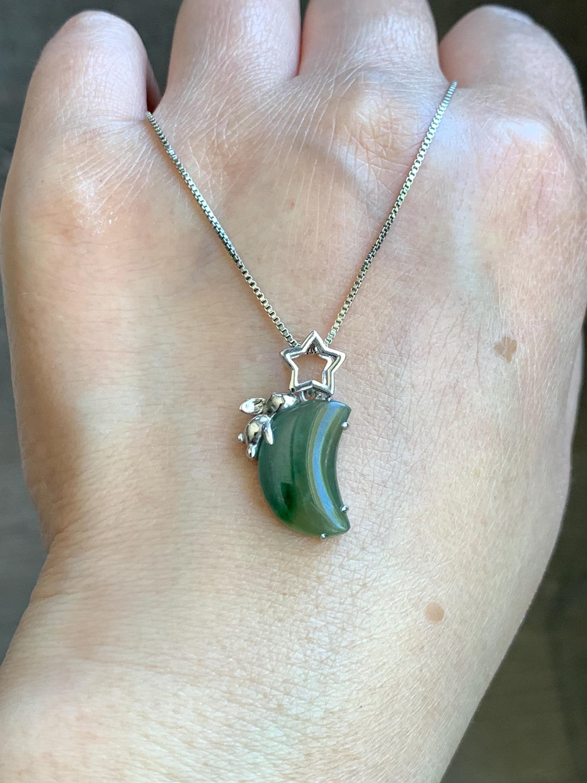 Certified Natural Burmese Icy Translucent Tricolored Jadeite Moon & Rabbit Pendant Sterling Silver Cutom Design 天然缅甸冰橄榄绿飘花翡翠月亮小兔镶嵌吊坠 8630