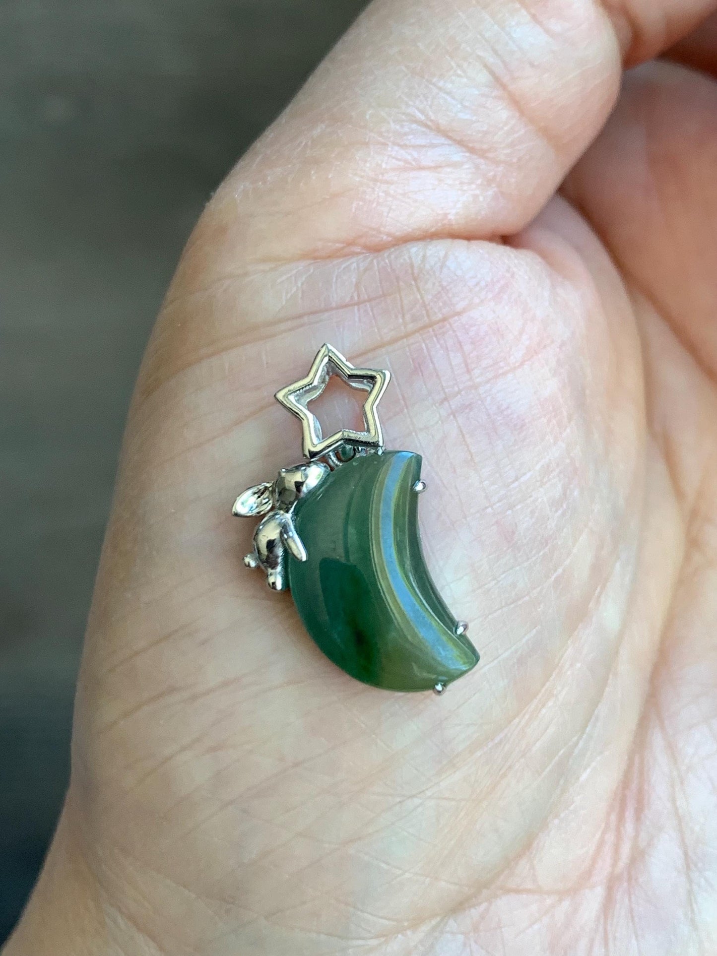 Certified Natural Burmese Icy Translucent Tricolored Jadeite Moon & Rabbit Pendant Sterling Silver Cutom Design 天然缅甸冰橄榄绿飘花翡翠月亮小兔镶嵌吊坠 8630