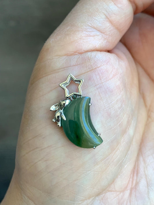 Certified Natural Burmese Icy Translucent Tricolored Jadeite Moon & Rabbit Pendant Sterling Silver Cutom Design 天然缅甸冰橄榄绿飘花翡翠月亮小兔镶嵌吊坠 8630