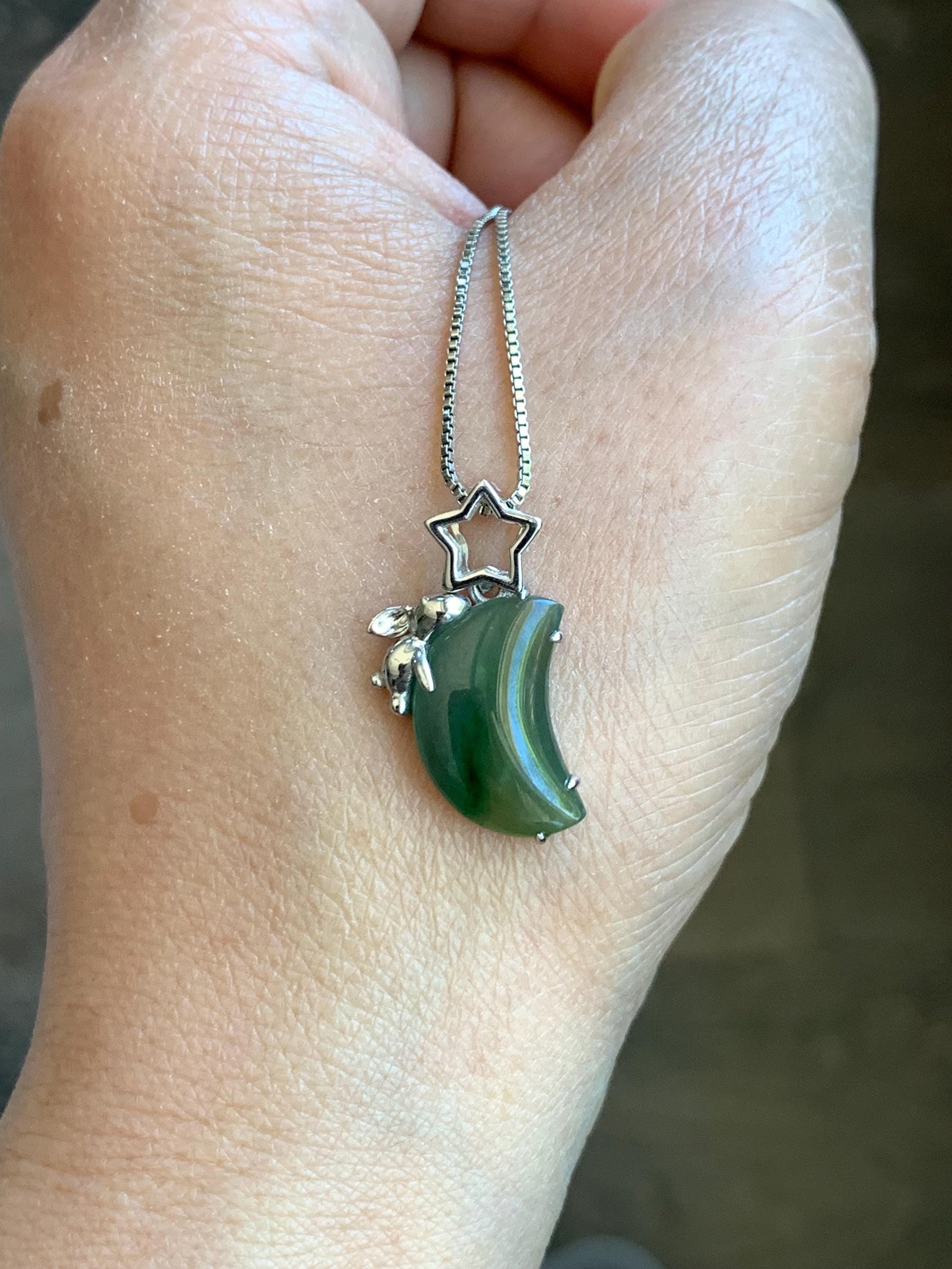 Certified Natural Burmese Icy Translucent Tricolored Jadeite Moon & Rabbit Pendant Sterling Silver Cutom Design 天然缅甸冰橄榄绿飘花翡翠月亮小兔镶嵌吊坠 8630