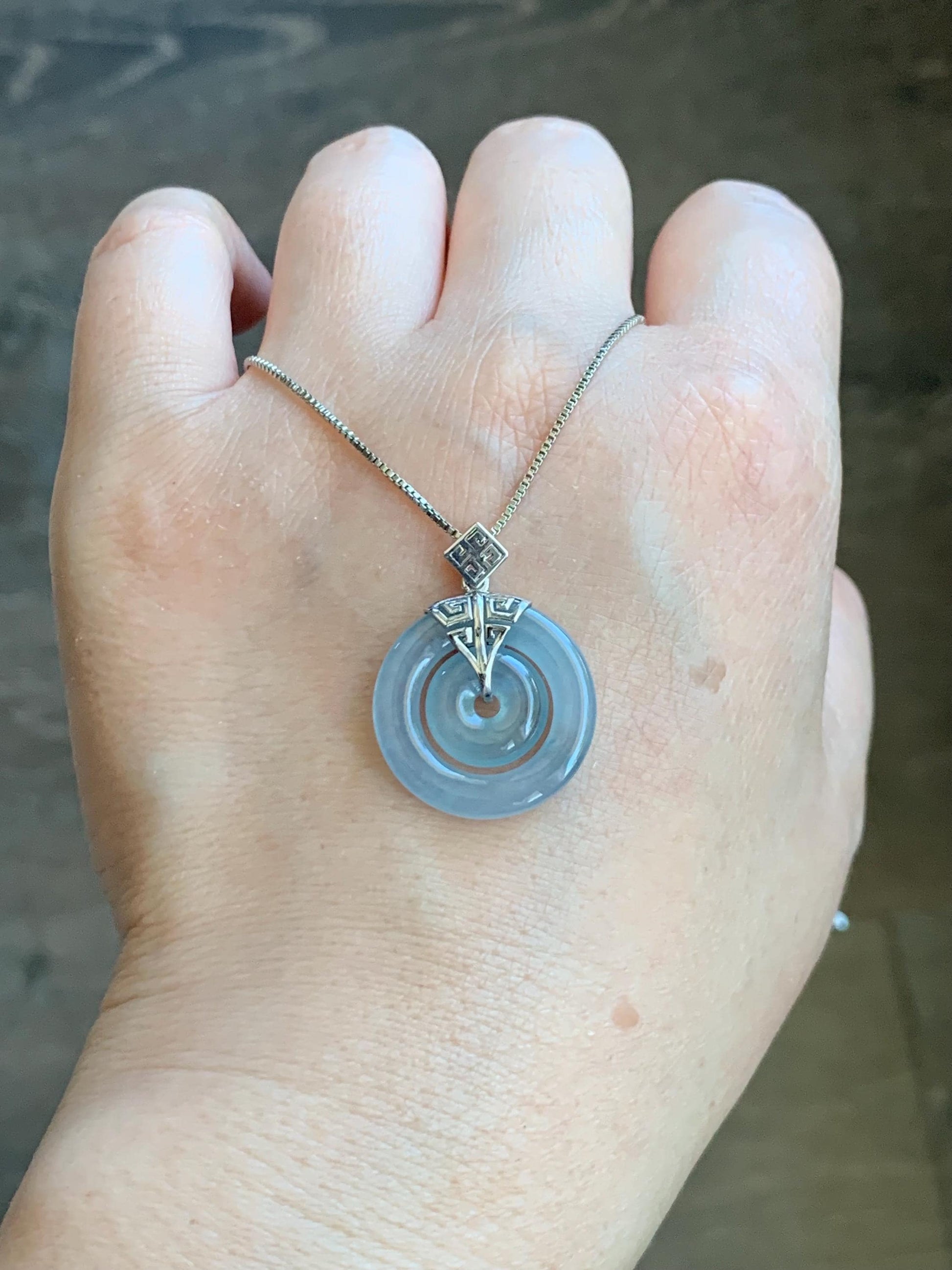 Certified Natural Guatemalan Icy Highly Translucent Light Blue Jadeite Mother-Child Ping An Kou Pendant Sterling Silver 天然冰危淡蓝紫翡翠子母扣吊坠 8637