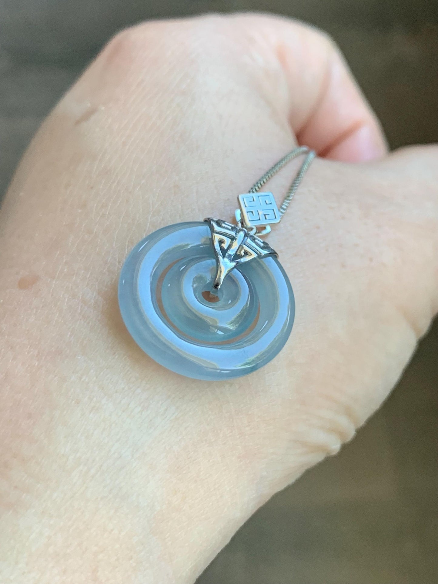 Certified Natural Guatemalan Icy Highly Translucent Light Blue Jadeite Mother-Child Ping An Kou Pendant Sterling Silver 天然冰危淡蓝紫翡翠子母扣吊坠 8637