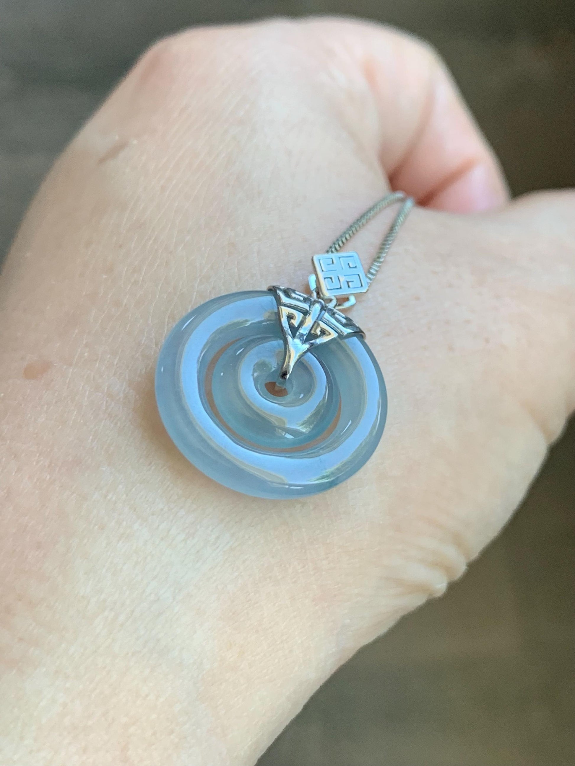 Certified Natural Guatemalan Icy Highly Translucent Light Blue Jadeite Mother-Child Ping An Kou Pendant Sterling Silver 天然冰危淡蓝紫翡翠子母扣吊坠 8637