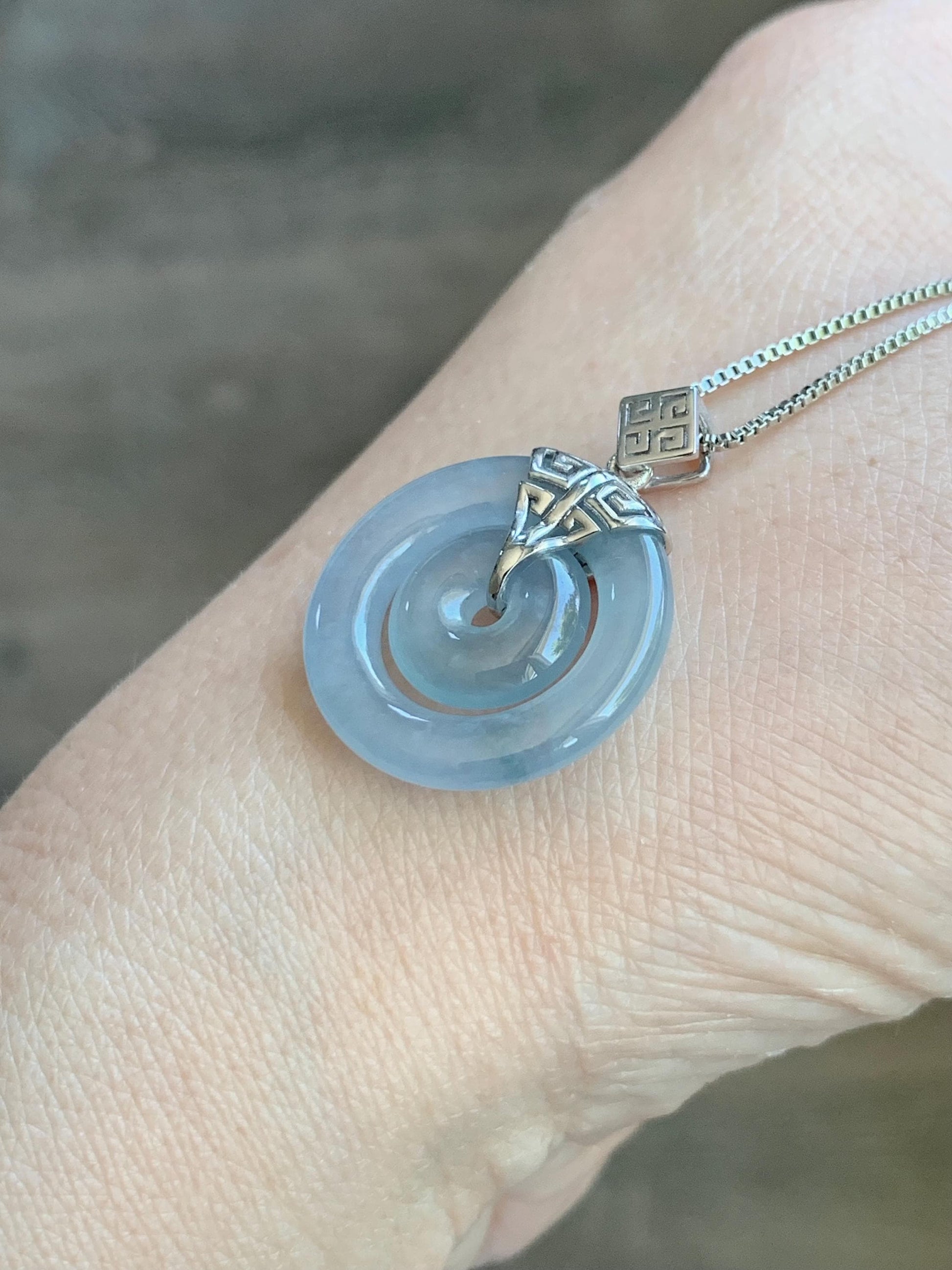 Certified Natural Guatemalan Icy Highly Translucent Light Blue Jadeite Mother-Child Ping An Kou Pendant Sterling Silver 天然冰危淡蓝紫翡翠子母扣吊坠 8637