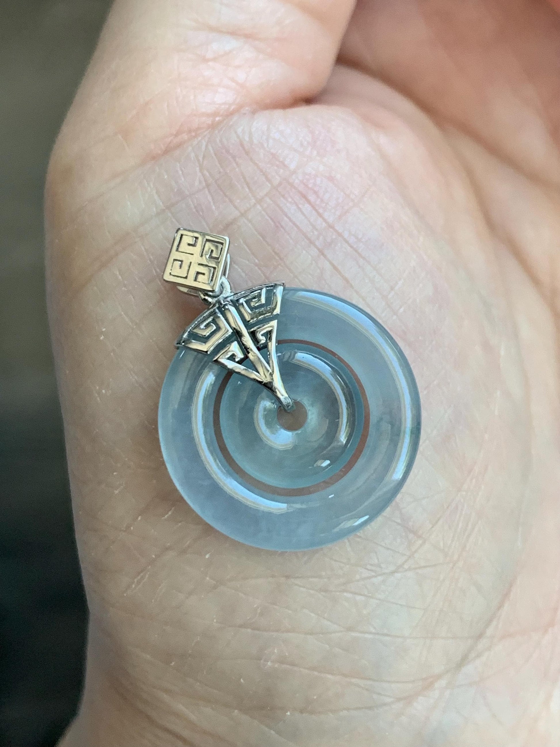 Certified Natural Guatemalan Icy Highly Translucent Light Blue Jadeite Mother-Child Ping An Kou Pendant Sterling Silver 天然冰危淡蓝紫翡翠子母扣吊坠 8637