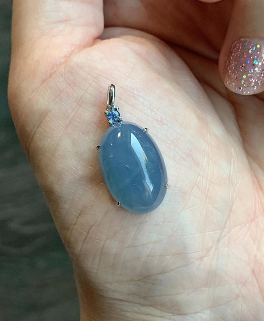 Certified Natural Guatemalan Icy Translucent Rich Purplish Blue Jadeite Large Pendant 18K White Gold & Blue Sapphire 天然冰危蓝紫翡翠蛋面蓝宝石镶嵌吊坠 7053