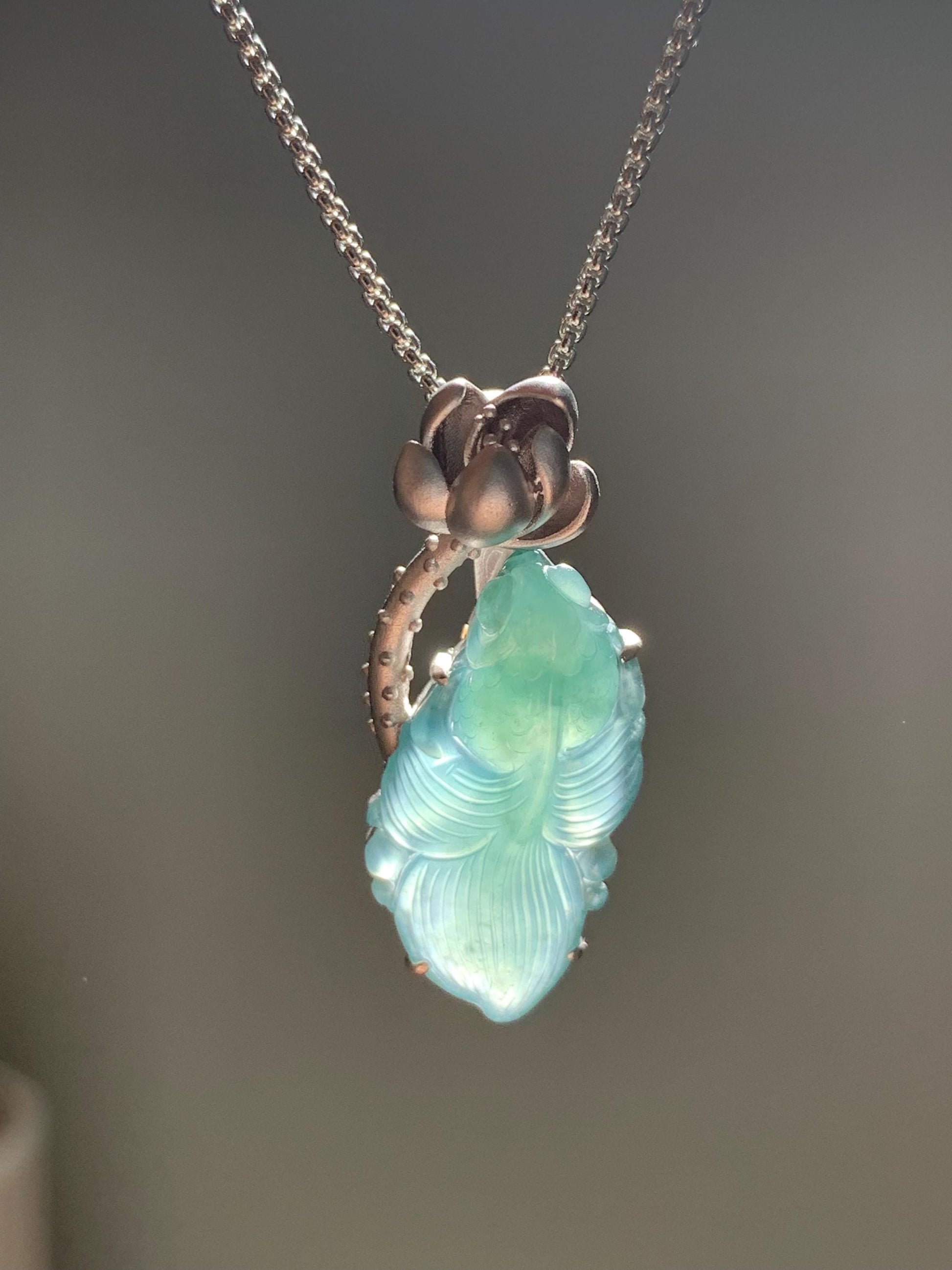 Certified Natural Guatemalan Premium Icy Highly Translucent Dark Teal Blue Jadeite Goldfish Pendant Sterling Silver 天然冰危湖水蓝翡翠金鱼镶嵌吊坠 8618