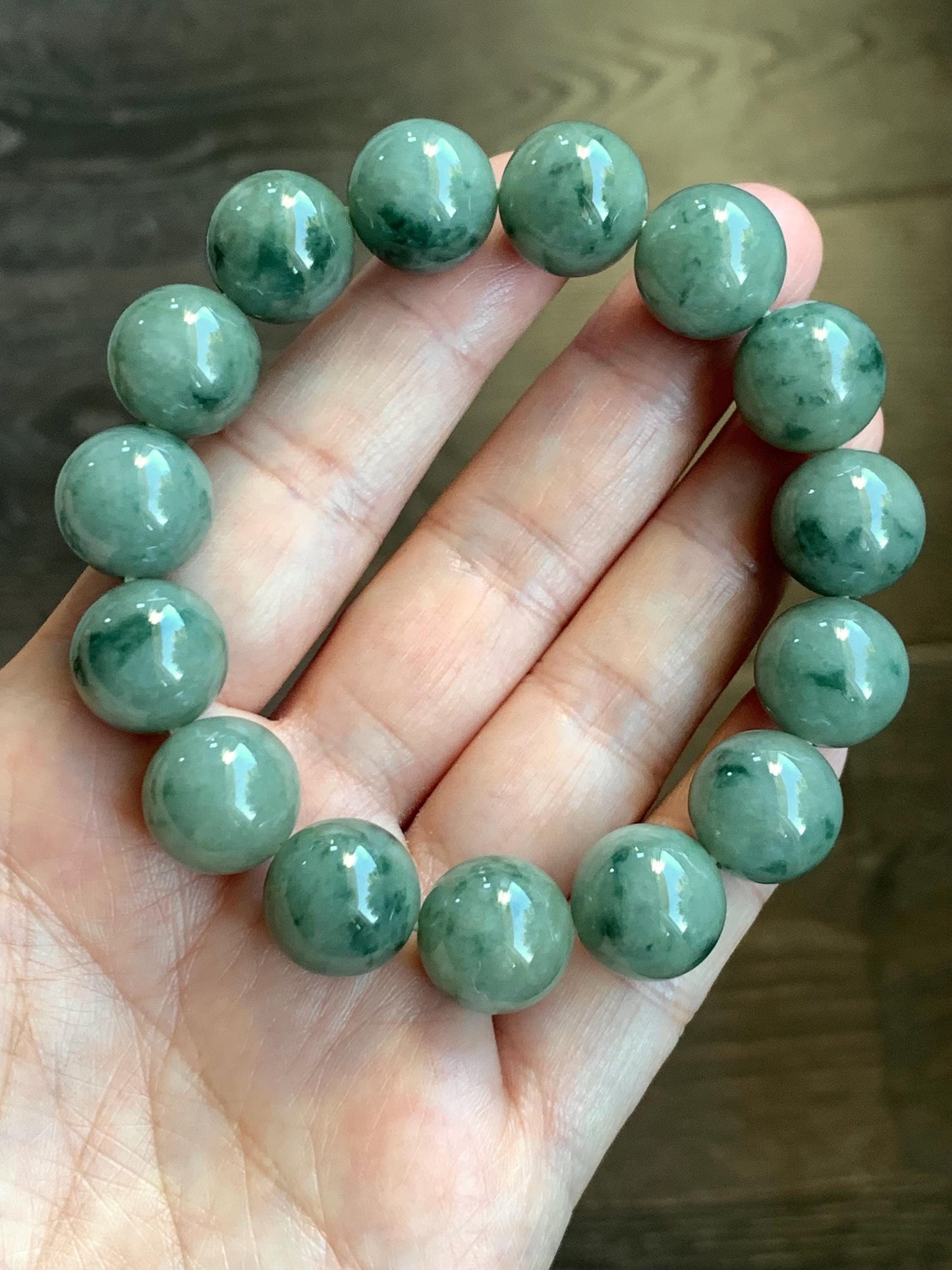 Natural Burmese Grade A Translucent Dark Green Marbled Jadeite Large Beads Beaded Bracelet 7.5” 13.8mm 69g Stretchy 天然缅甸大卡糯种深绿飘花翡翠手串 DLPH67