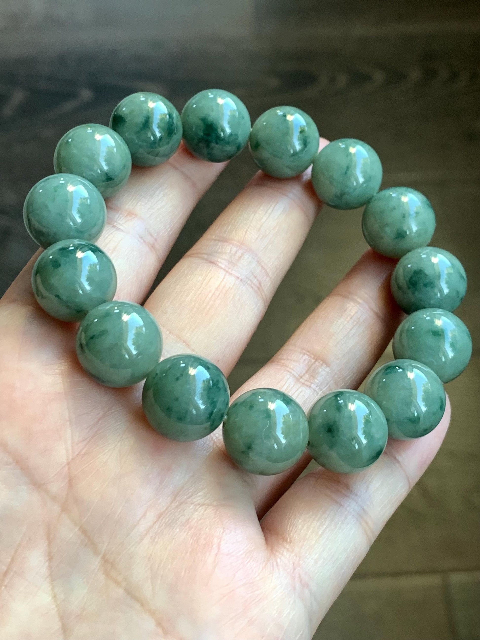 Natural Burmese Grade A Translucent Dark Green Marbled Jadeite Large Beads Beaded Bracelet 7.5” 13.8mm 69g Stretchy 天然缅甸大卡糯种深绿飘花翡翠手串 DLPH67