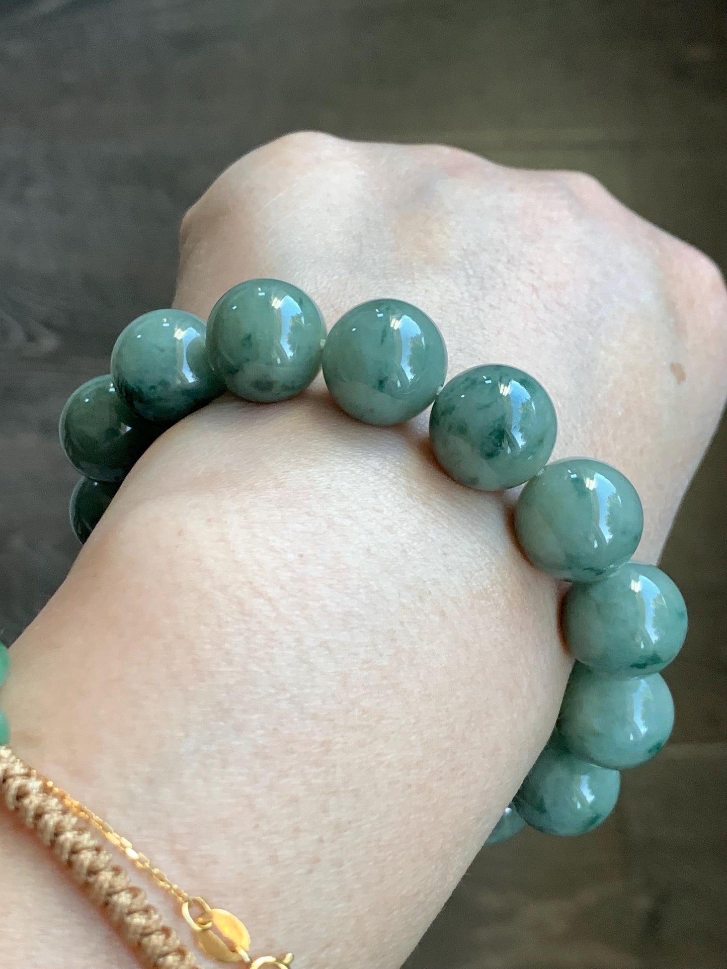 Natural Burmese Grade A Translucent Dark Green Marbled Jadeite Large Beads Beaded Bracelet 7.5” 13.8mm 69g Stretchy 天然缅甸大卡糯种深绿飘花翡翠手串 DLPH67