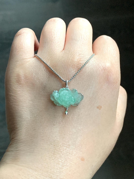 Certified Natural Burmese Icy Highly Translucent Apple Green Jadeite Carved Lotus Flower Pendant 18K White Gold 2.59g 天然缅甸起冰果绿翡翠荷花镶嵌吊坠 8613