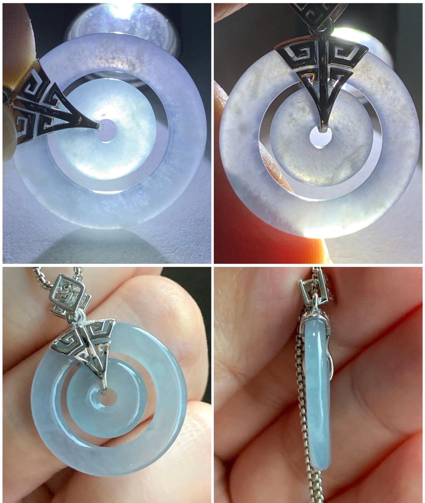 Certified Natural Guatemalan Icy Highly Translucent Light Blue Jadeite Mother-Child Ping An Kou Pendant Sterling Silver 天然冰危淡蓝翡翠子母扣吊坠 8636