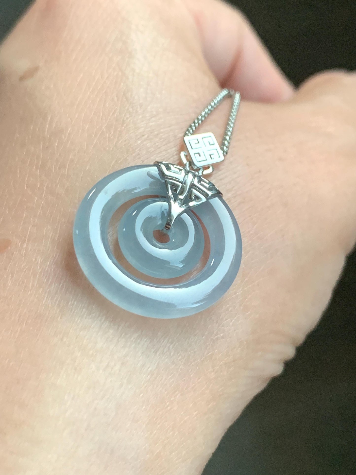 Certified Natural Guatemalan Icy Highly Translucent Light Blue Jadeite Mother-Child Ping An Kou Pendant Sterling Silver 天然冰危淡蓝翡翠子母扣吊坠 8636