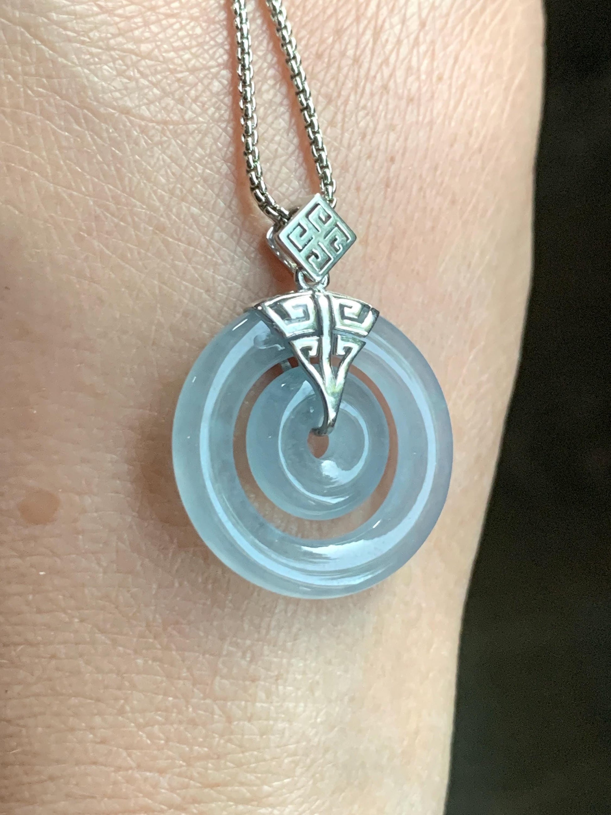 Certified Natural Guatemalan Icy Highly Translucent Light Blue Jadeite Mother-Child Ping An Kou Pendant Sterling Silver 天然冰危淡蓝翡翠子母扣吊坠 8636