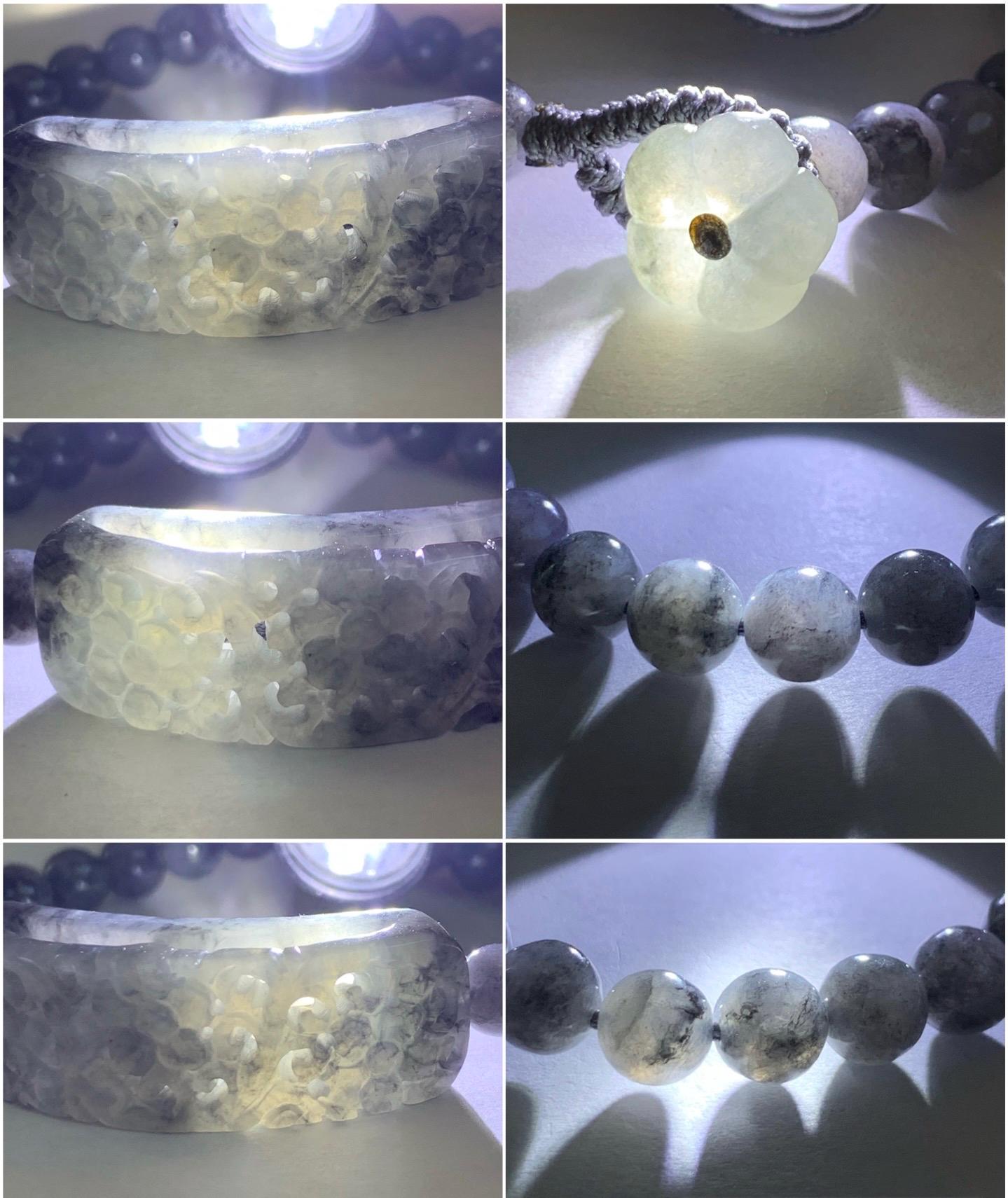 Natural Burmese Icy Translucent Wuji Jadeite Engraved Cuff &Wuji Jadeite Beads Beaded Bracelet 7” 27g 天然缅甸冰乌鸡翡翠仿古镂空雕手牌手串