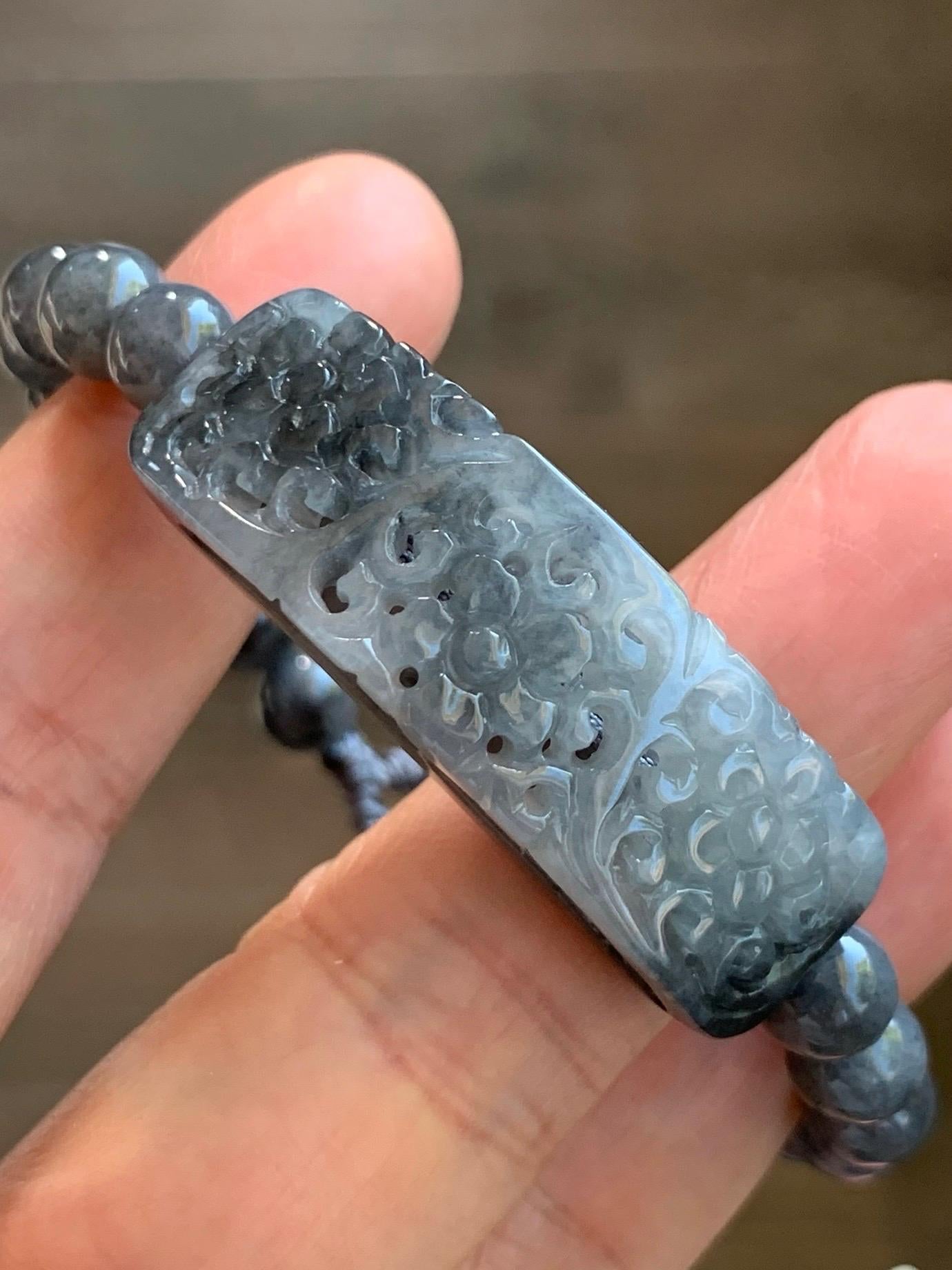 Natural Burmese Icy Translucent Wuji Jadeite Engraved Cuff &Wuji Jadeite Beads Beaded Bracelet 7” 27g 天然缅甸冰乌鸡翡翠仿古镂空雕手牌手串