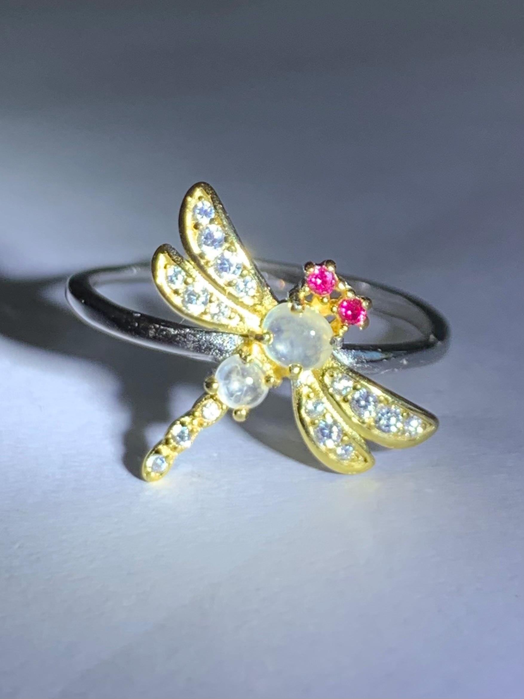 Natural Burmese Icy Highly Translucent White Jadeite Dragonfly Design Ring S925 Sterling Silver Sz 7 Adjustable 天然缅甸白冰翡翠蜻蜓银镶戒指 MQT60